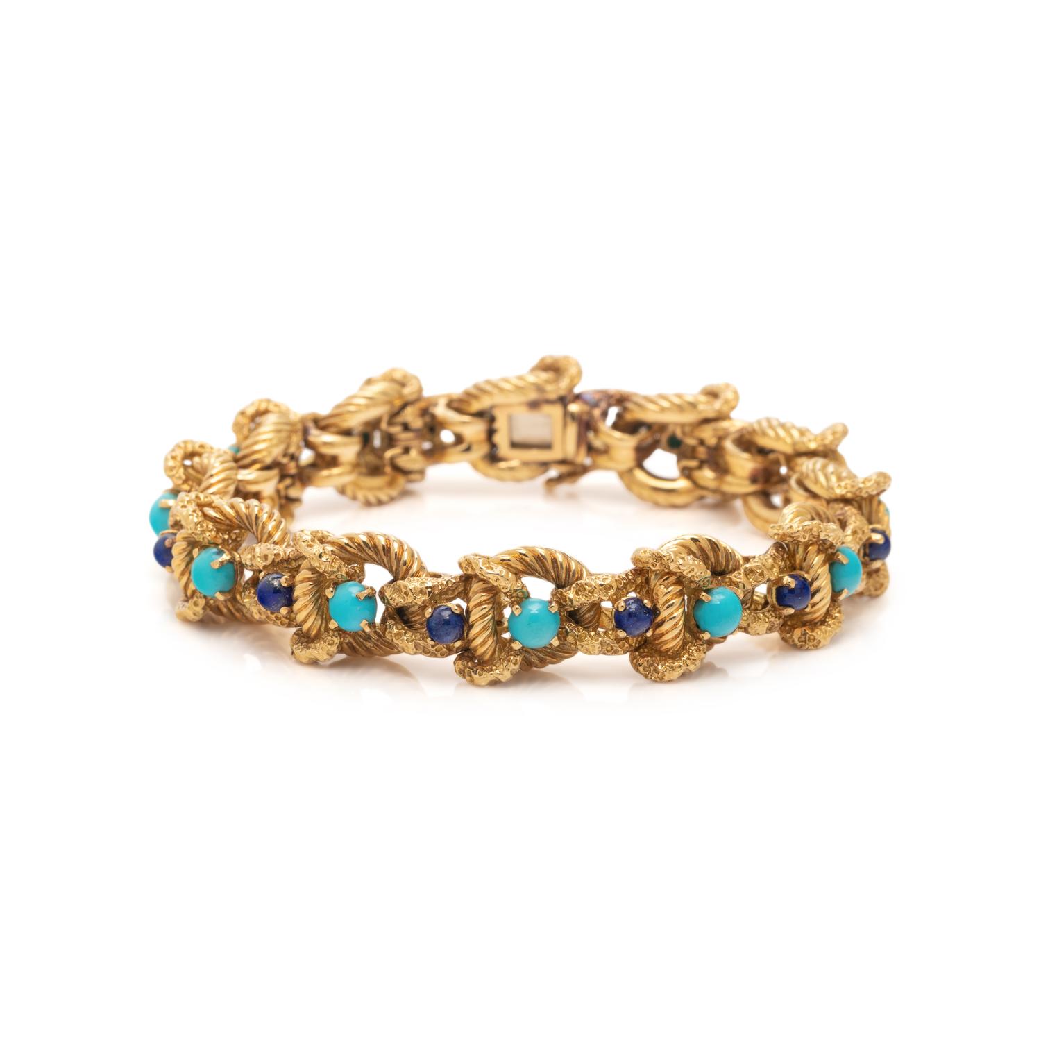YELLOW GOLD, TURQUOISE AND LAPIS LAZULI BRACELET