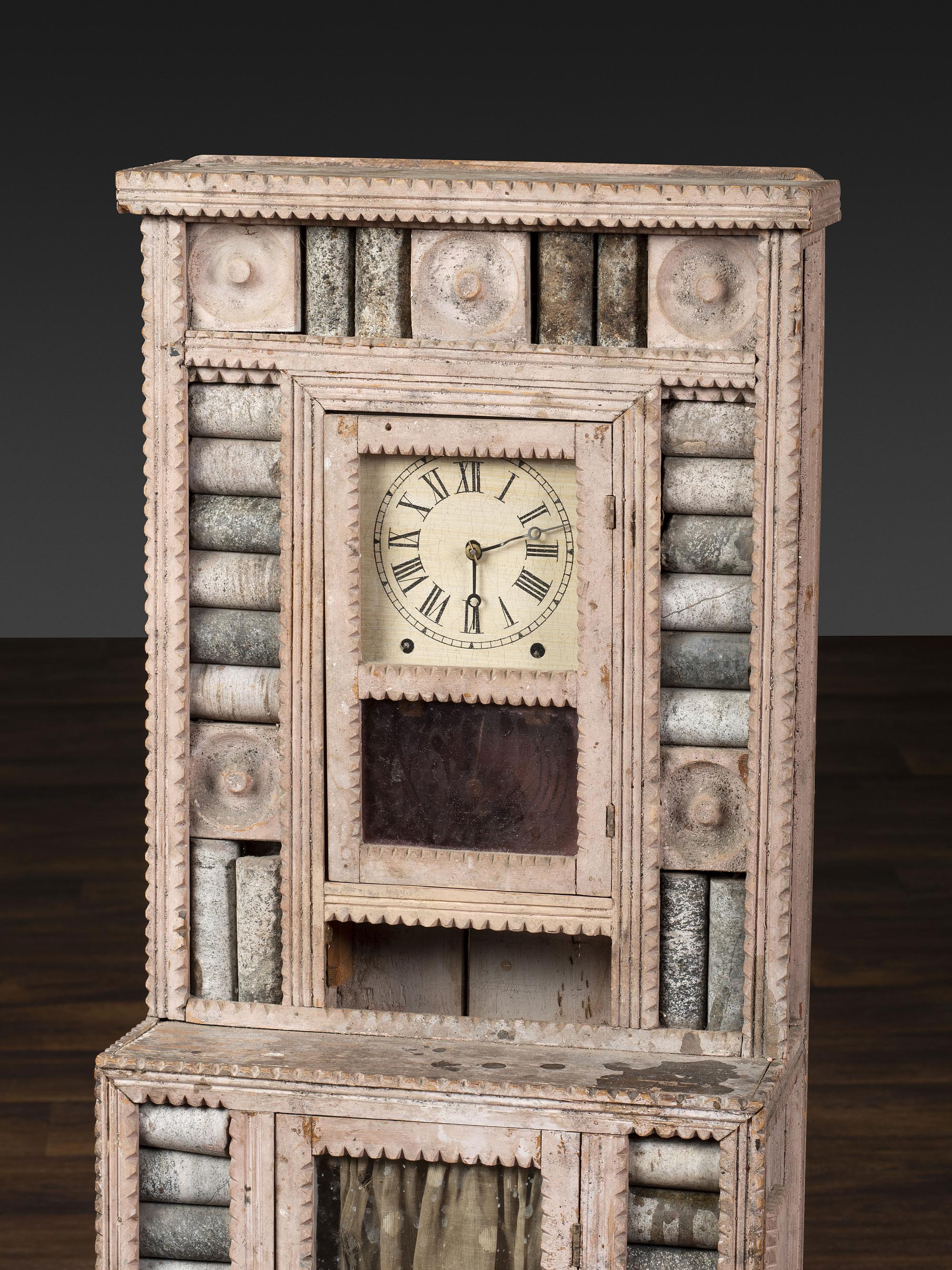 A Folk Art Granite Carved and Painted Wood Shelf Clock