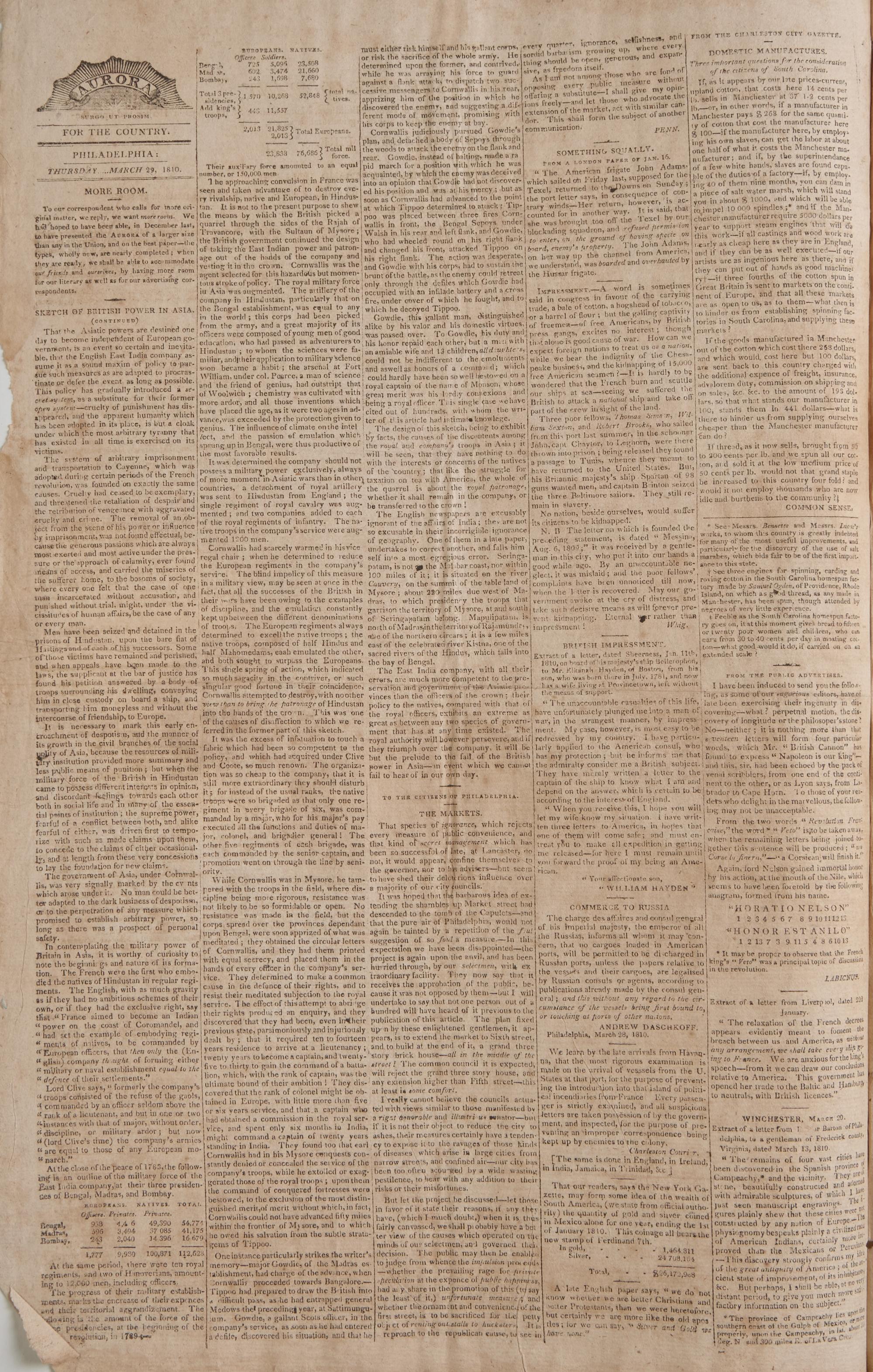 [American Newspapers] [Fire Insurance] Group of 2 Issues of the Aurora , with a Large Ad for Early Fire Insurance, and Reports on British Impressment of American Sailors