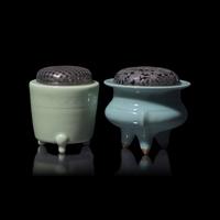 Two Japanese Celadon Glazed Porcelain Incense Burners