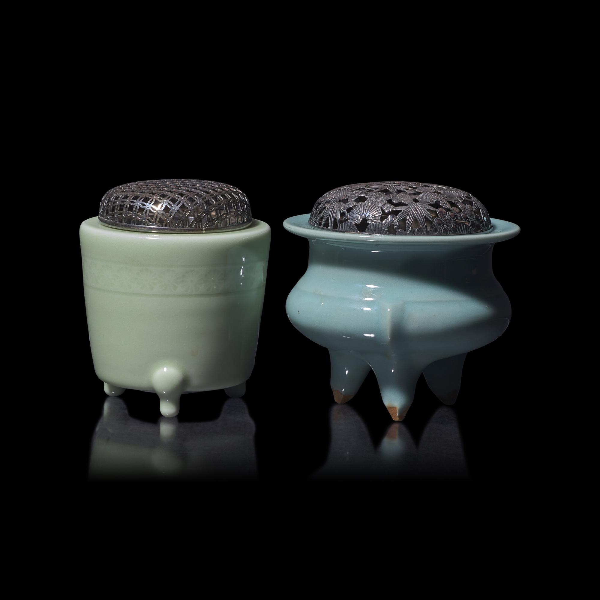 Two Japanese Celadon Glazed Porcelain Incense Burners