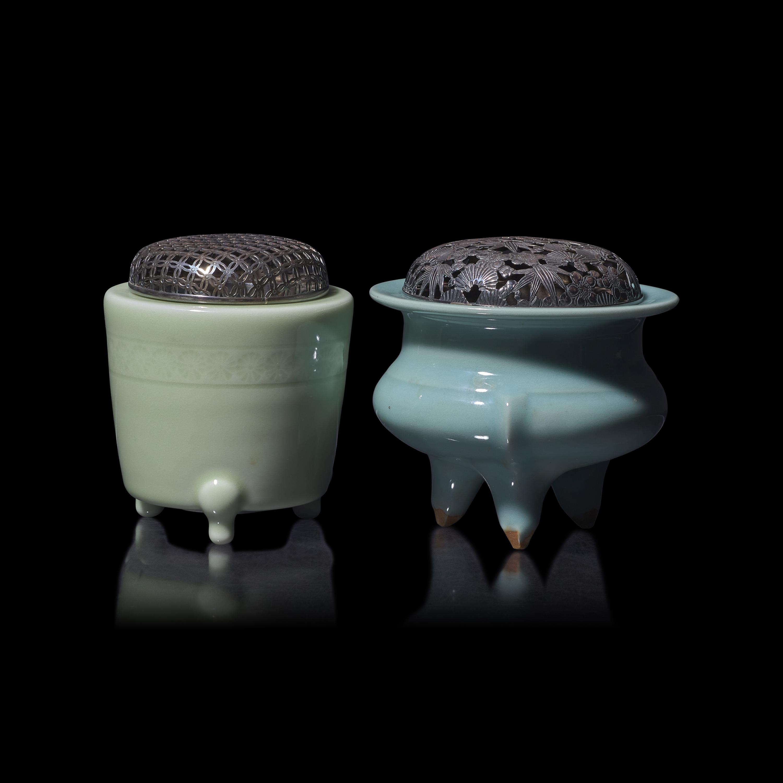 Two Japanese Celadon Glazed Porcelain Incense Burners