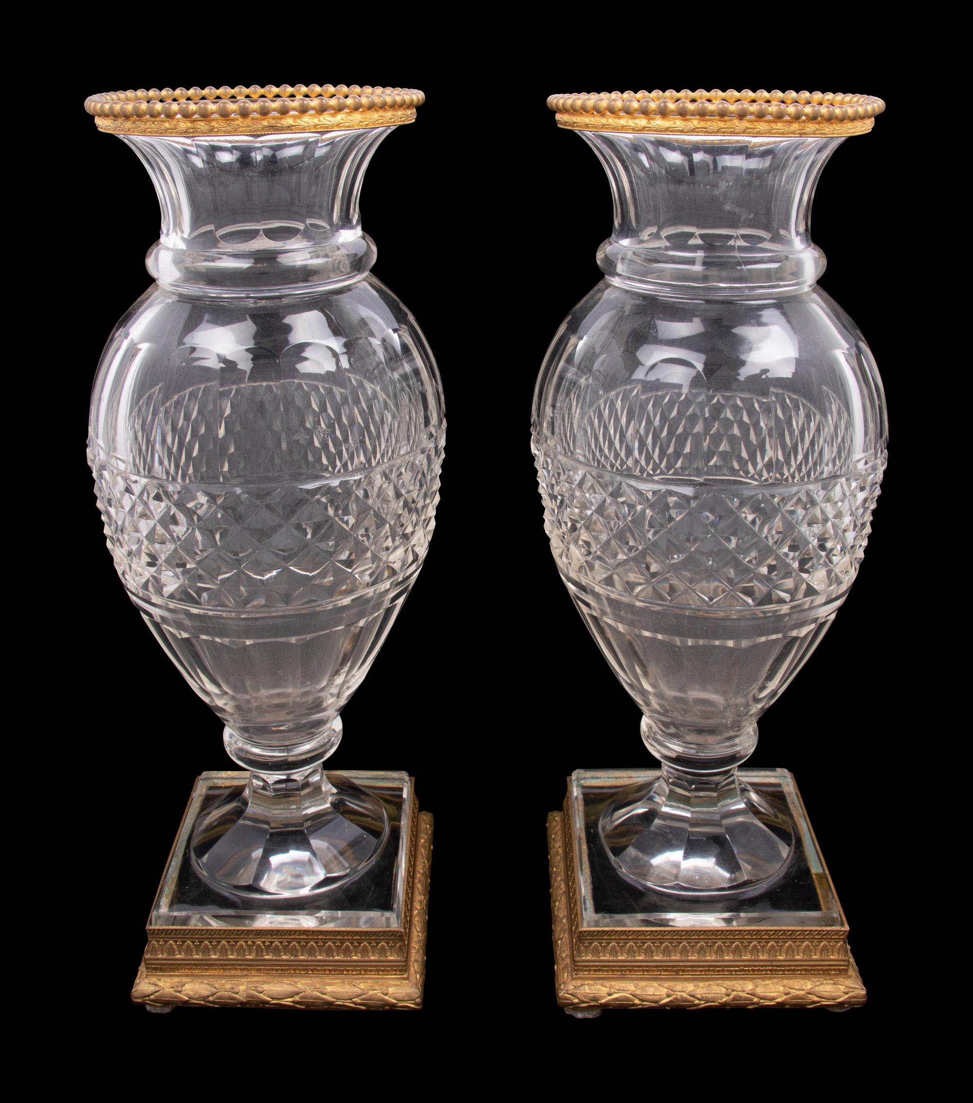 A Pair of French Gilt Bronze Mounted Cut Glass Vases