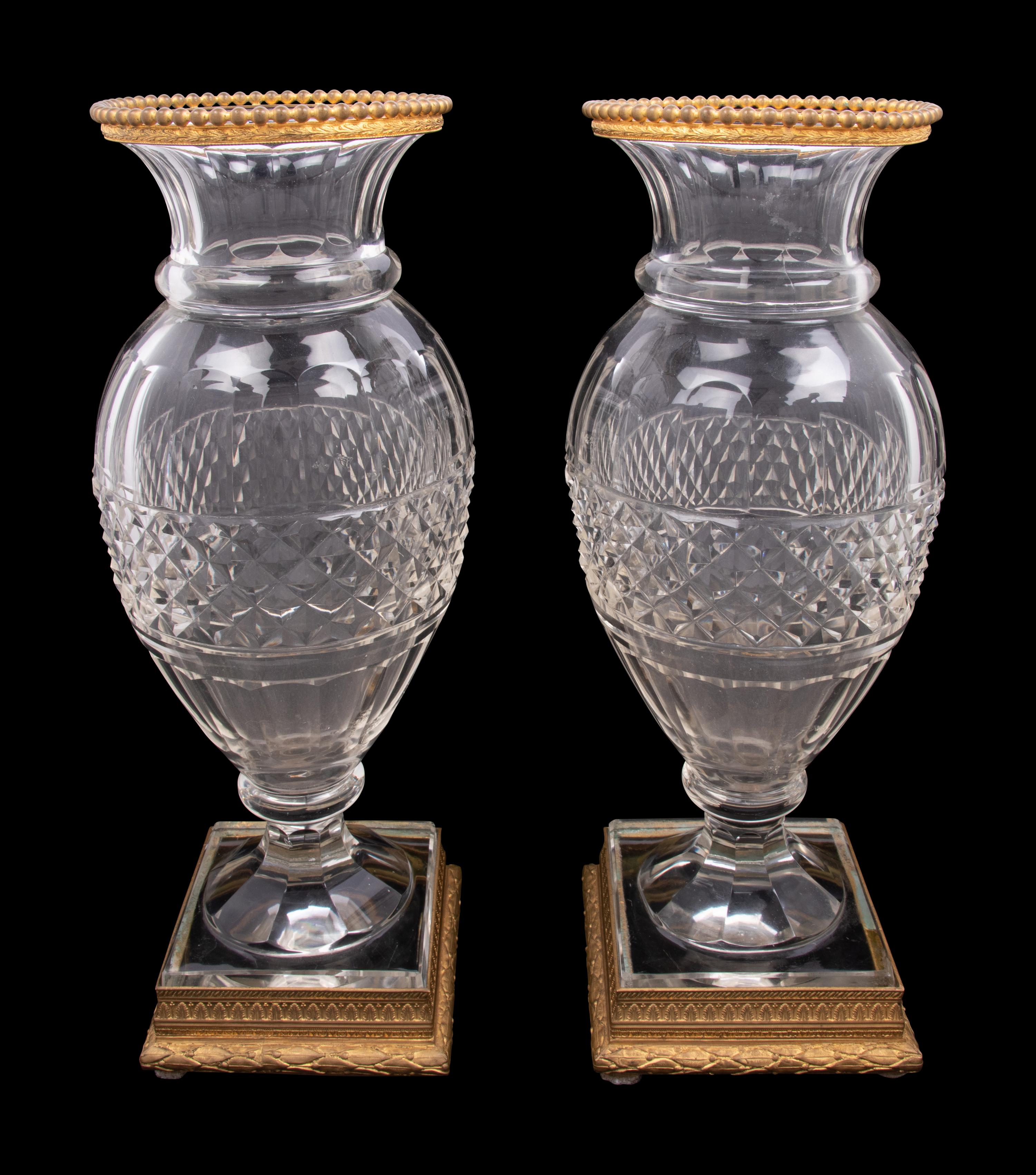 A Pair of French Gilt Bronze Mounted Cut Glass Vases