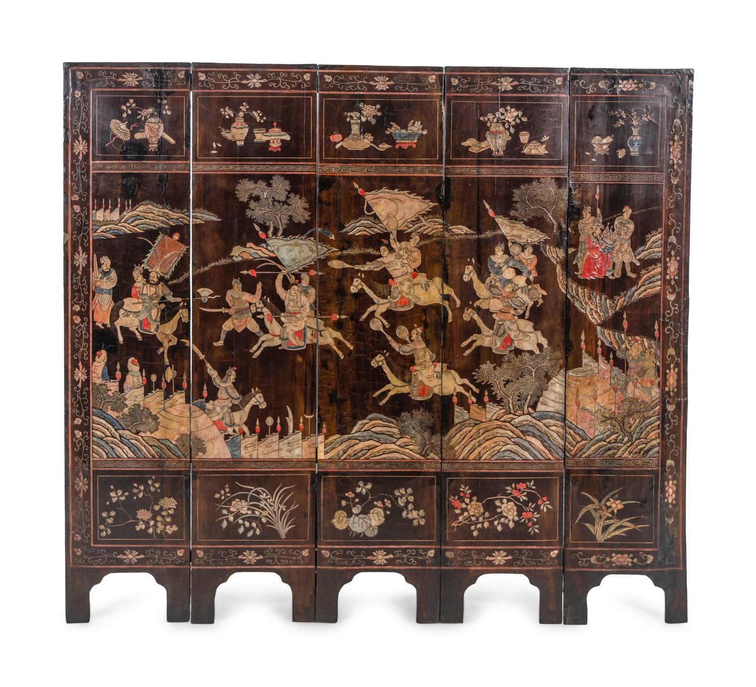 A Coromandel Lacquer Five-Panel Screen