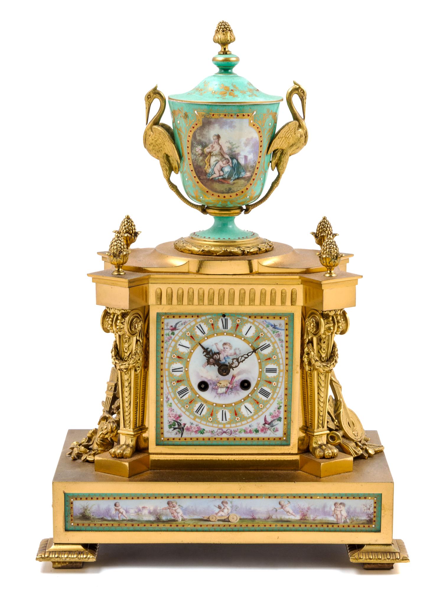 A Sevres Style Porcelain Mounted Gilt Bronze Mantel Clock Height 18 inches.