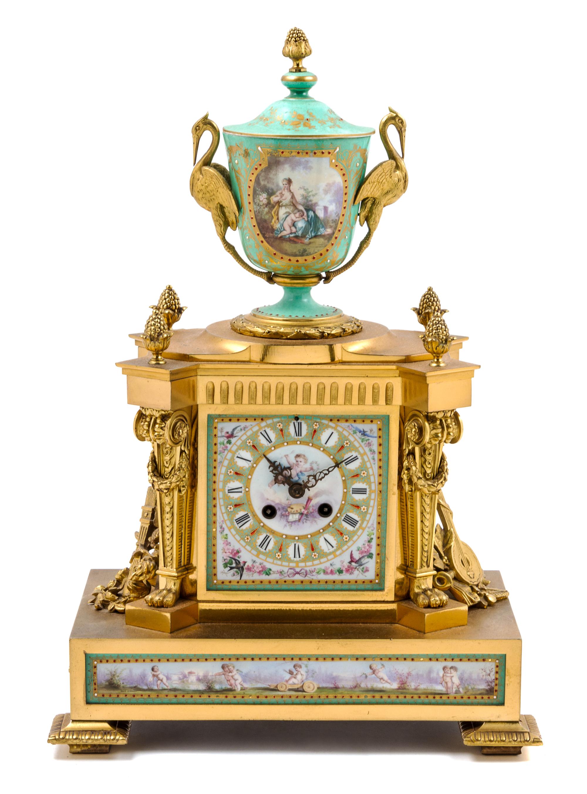 A Sevres Style Porcelain Mounted Gilt Bronze Mantel Clock Height 18 inches.