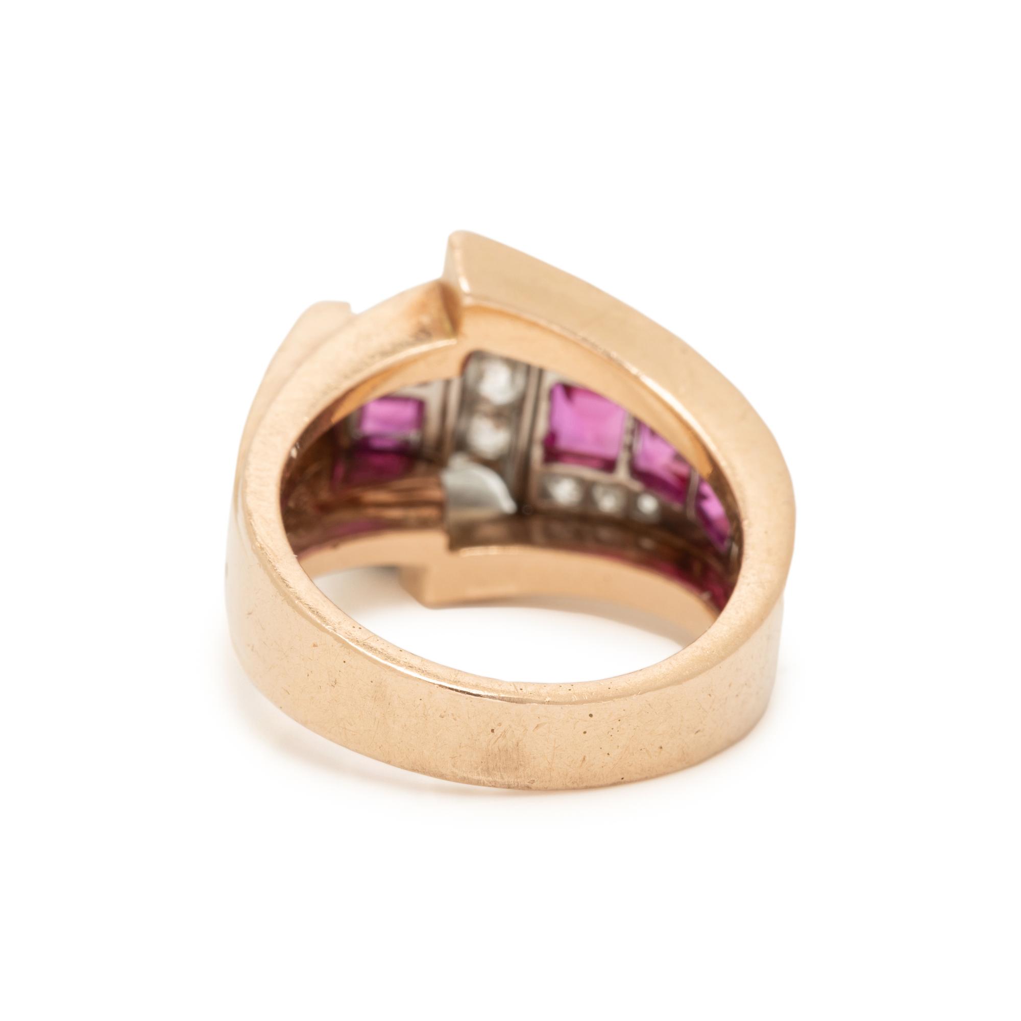 RETRO, ROSE GOLD, PLATINUM, DIAMOND, AND SYNTHETIC RUBY RING