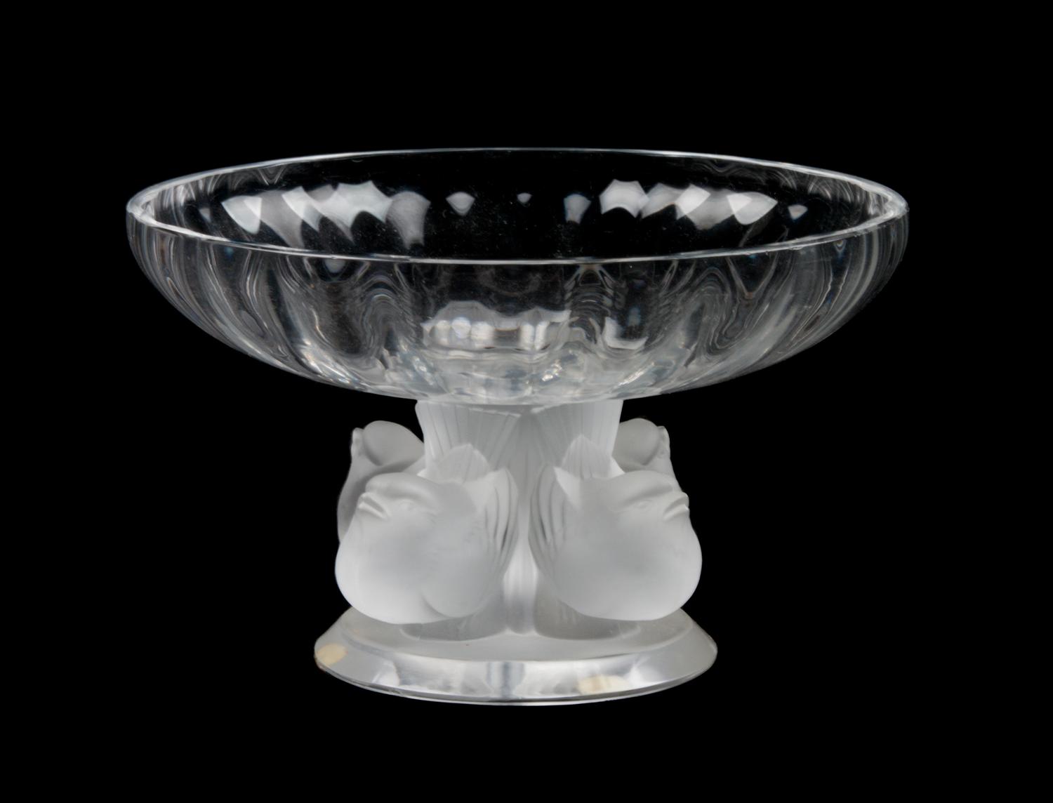 A Lalique Molded and Frosted Glass Compote Height 3 1/2 x diameter 5 1/2 inches.