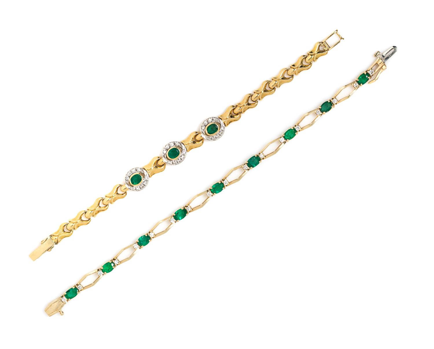 A Collection of Yellow Gold, Emerald, and Diamond Bracelets, 19.60 dwts.