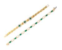 A Collection of Yellow Gold, Emerald, and Diamond Bracelets, 19.60 dwts.