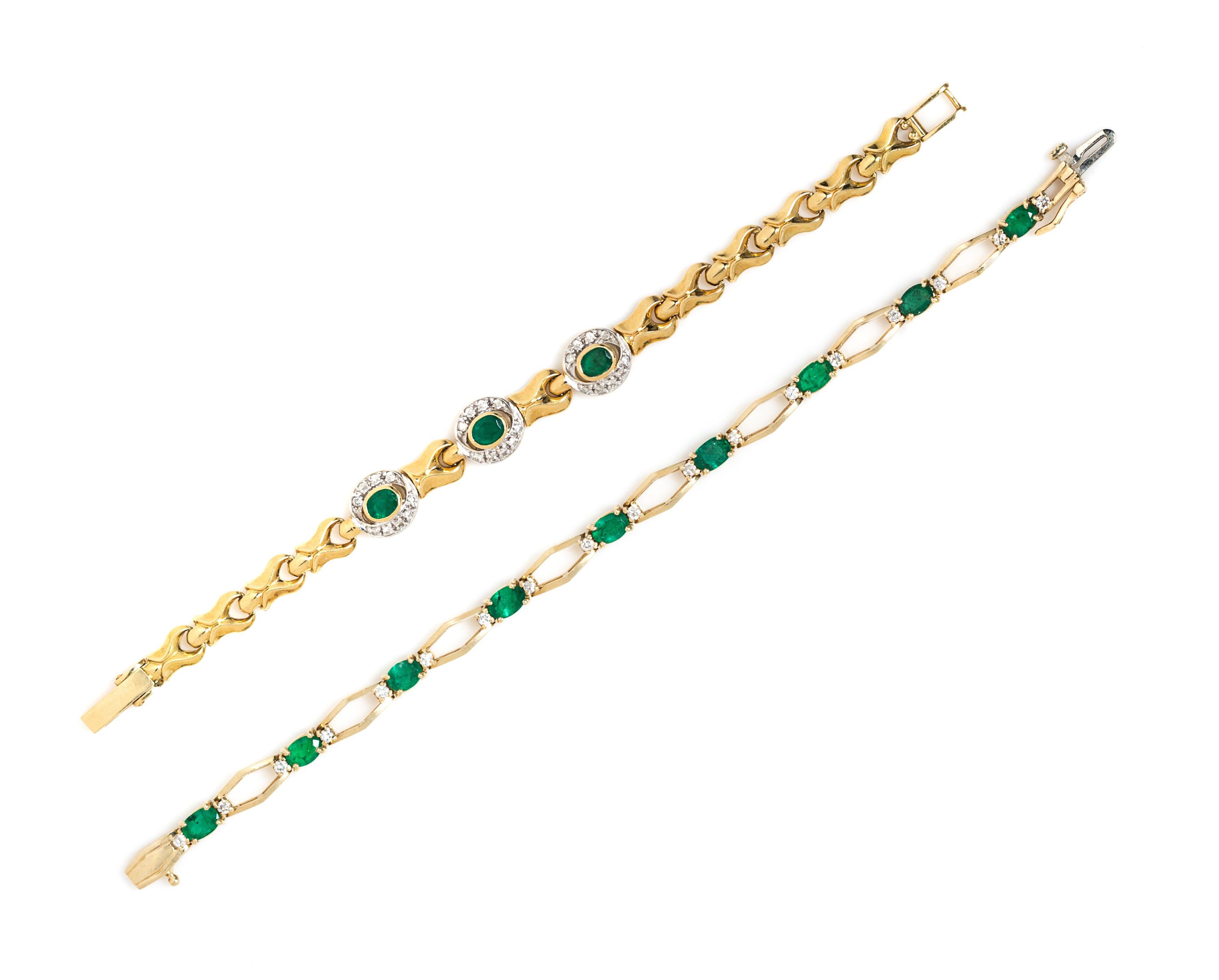 A Collection of Yellow Gold, Emerald, and Diamond Bracelets, 19.60 dwts.