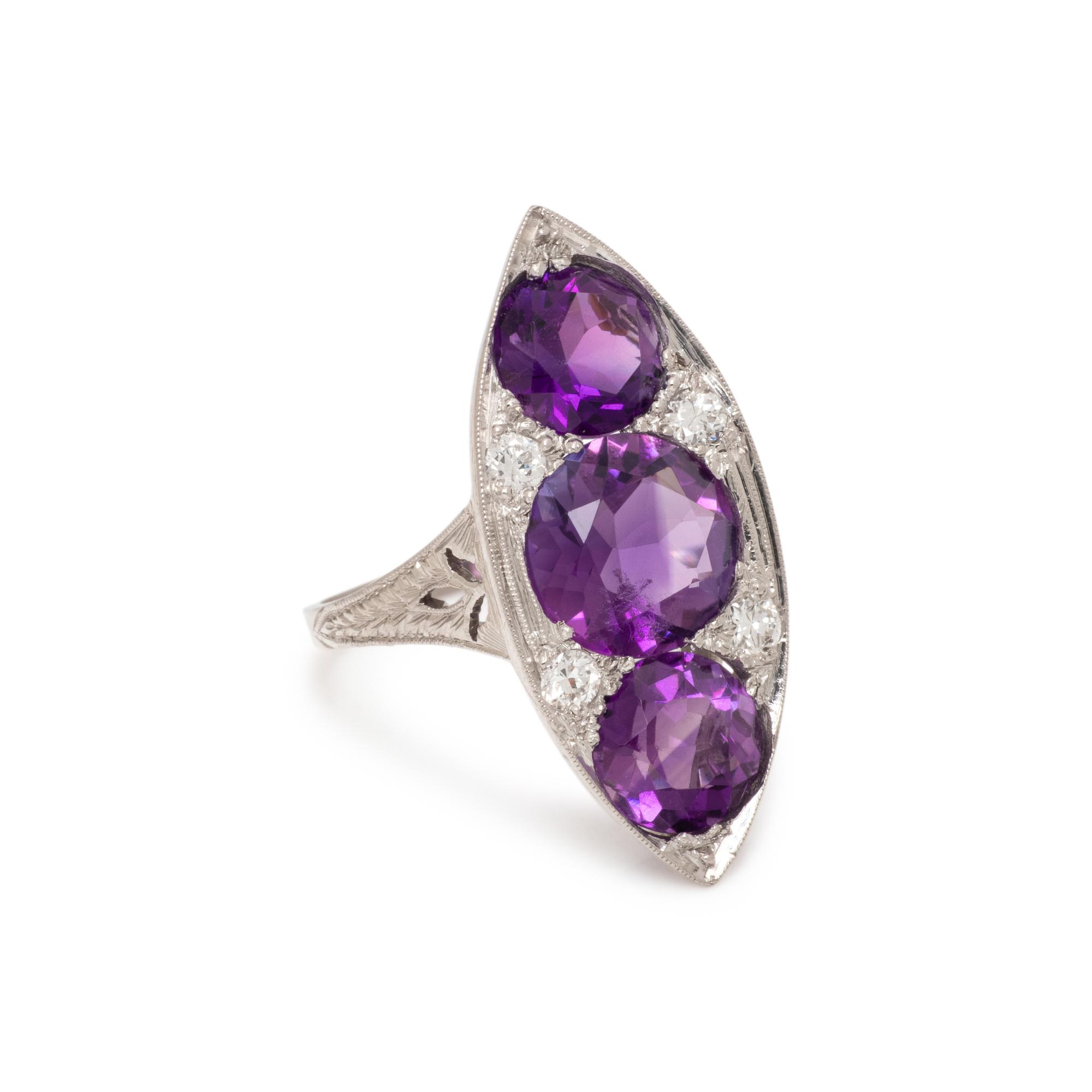 AMETHYST, DIAMOND, AND PLATINUM RING