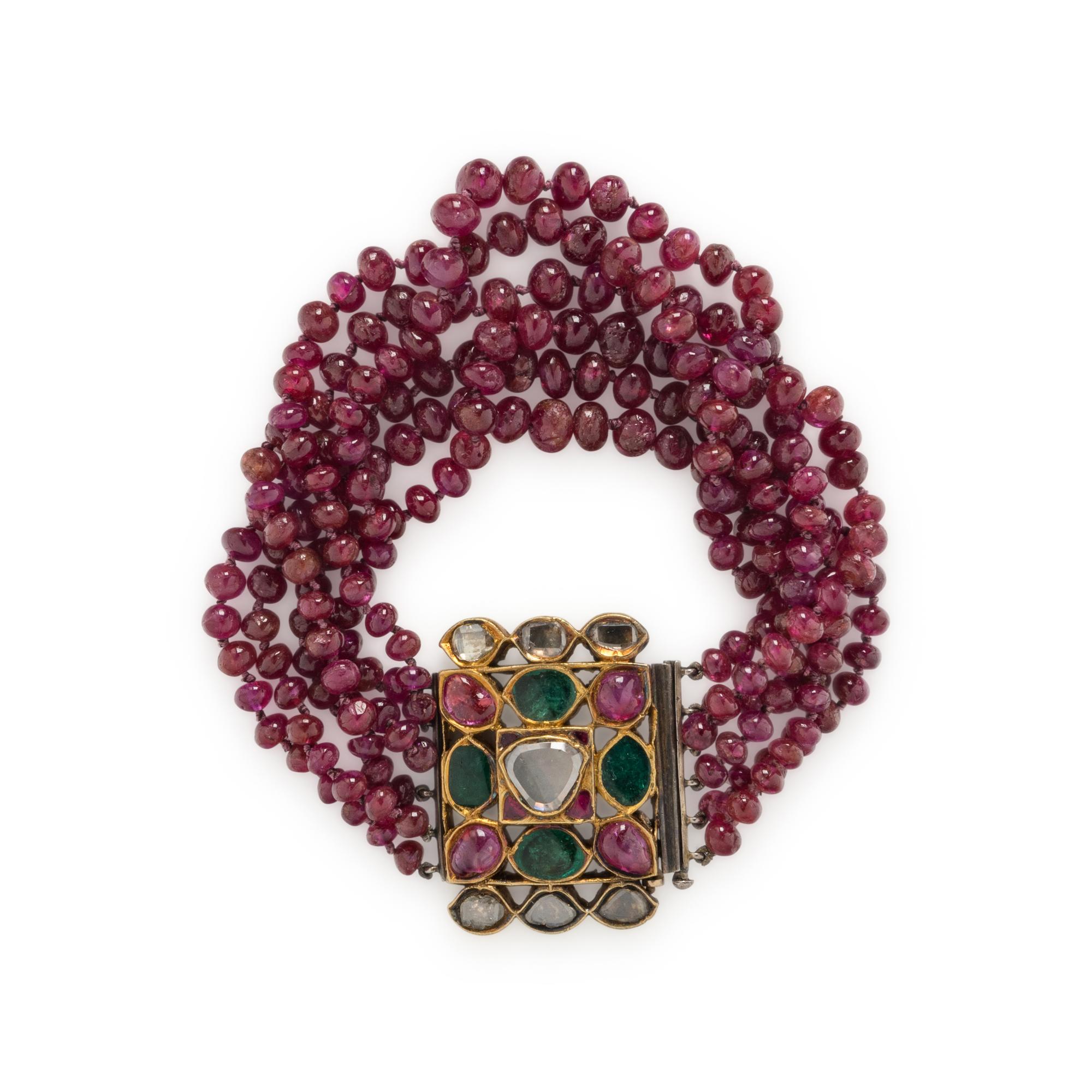 RUBY BEAD, DIAMOND, EMERALD, AND ENAMEL BRACELET