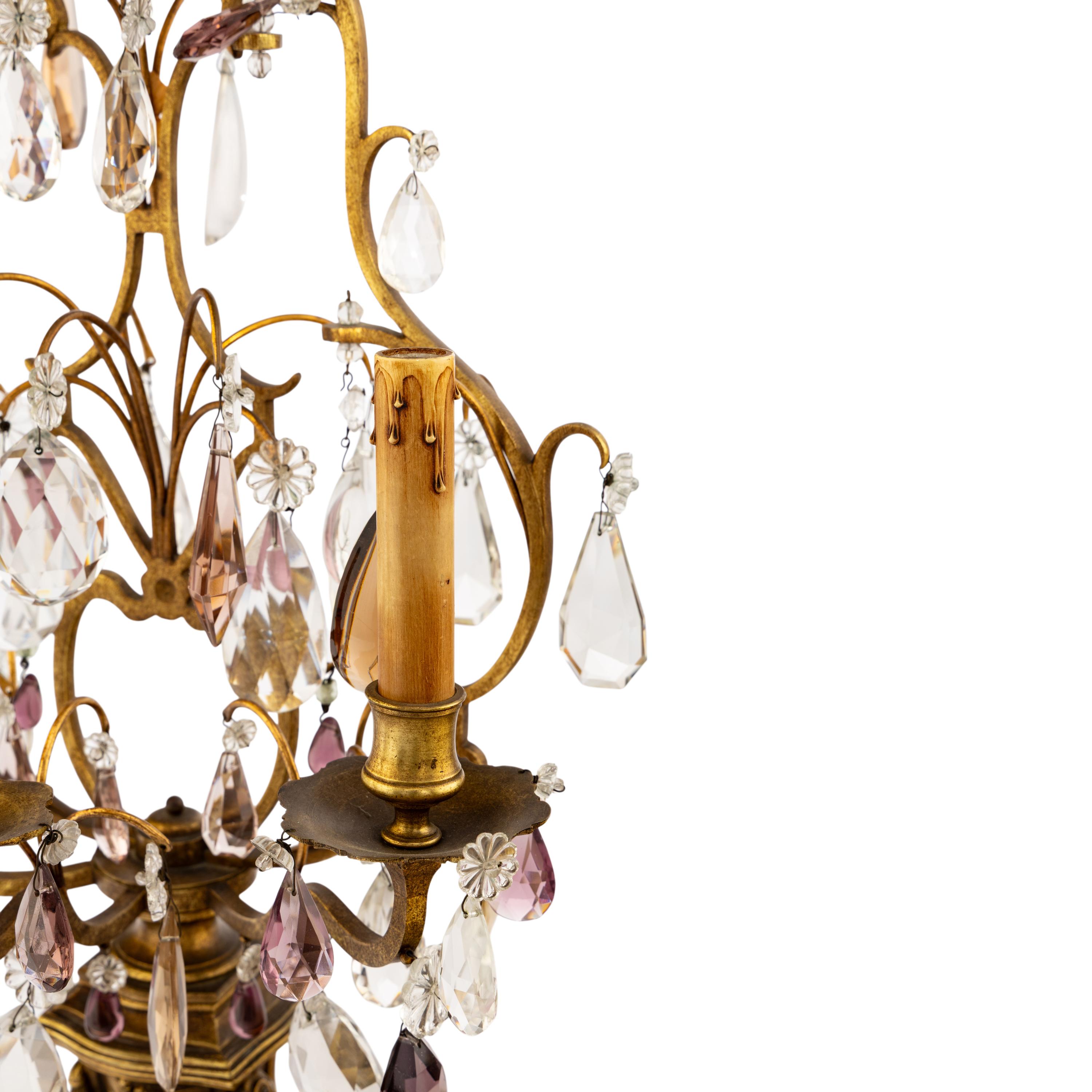 A Pair of French Gilt Metal and Cut Glass Three-Light Girandoles