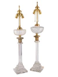 Four Glass and Brass Column Form Table Lamps