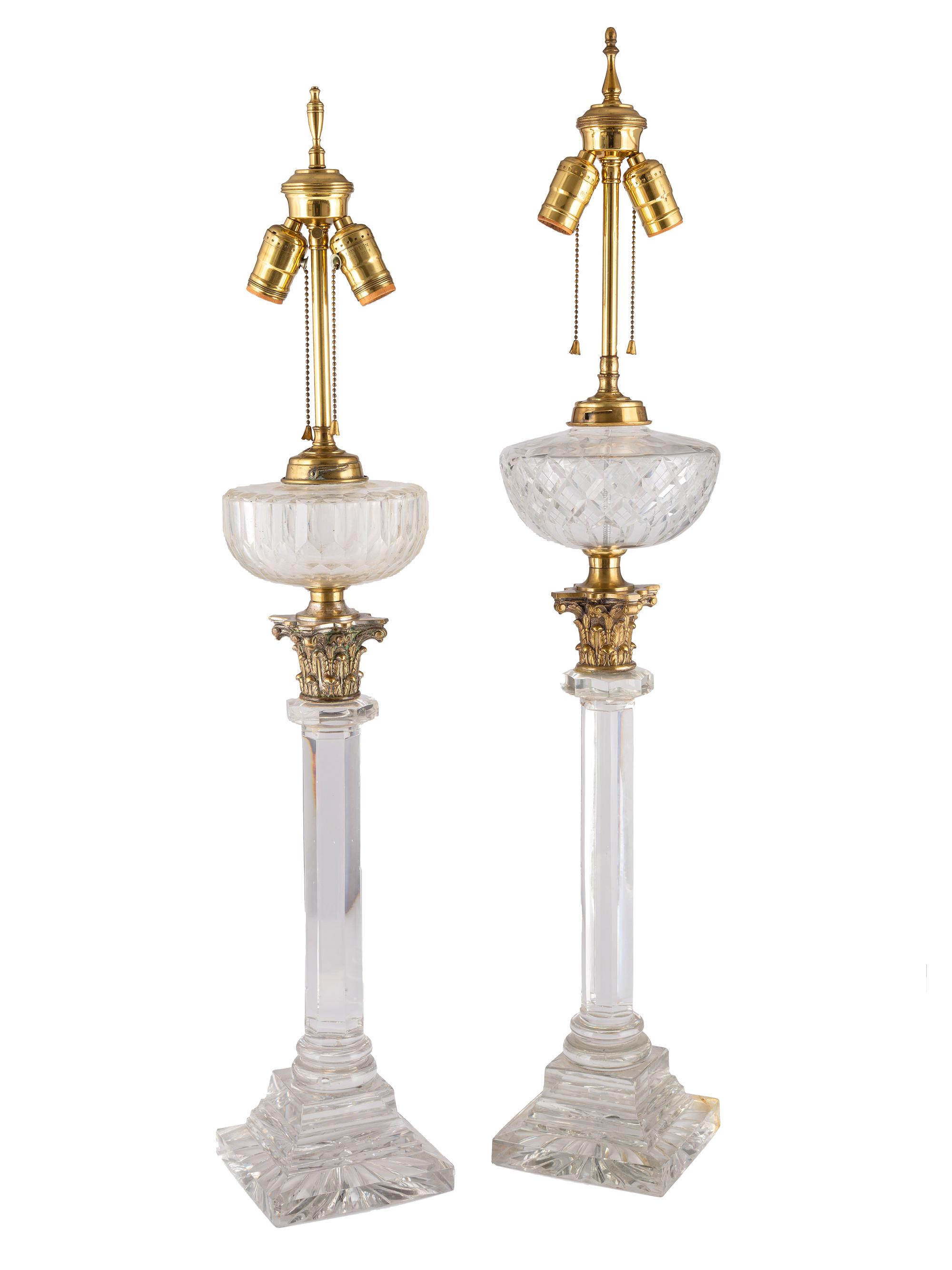 Four Glass and Brass Column Form Table Lamps