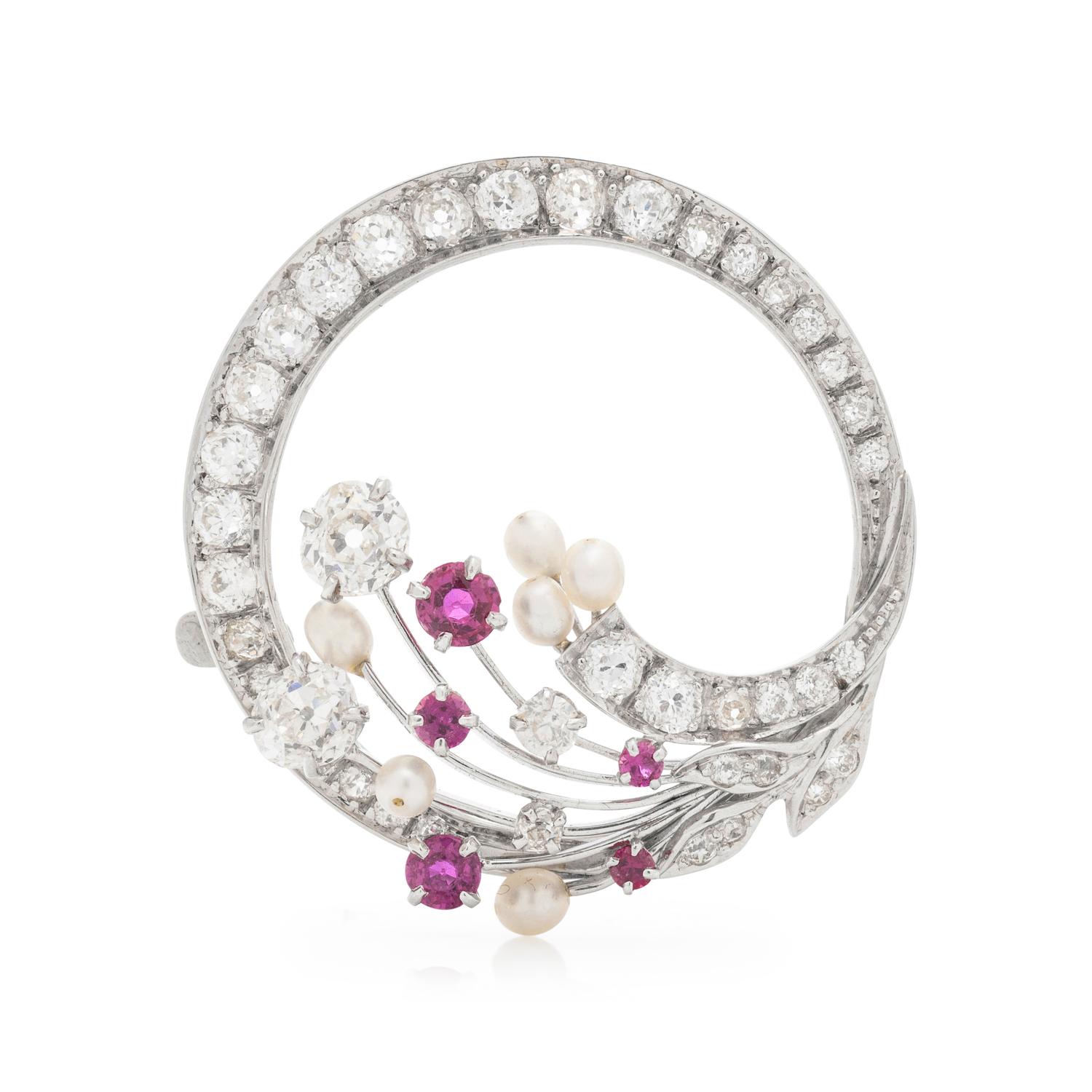 DIAMOND, RUBY AND CULTURED PEARL WREATH BROOCH