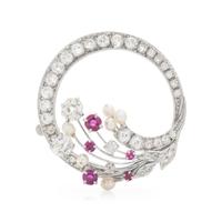DIAMOND, RUBY AND CULTURED PEARL WREATH BROOCH