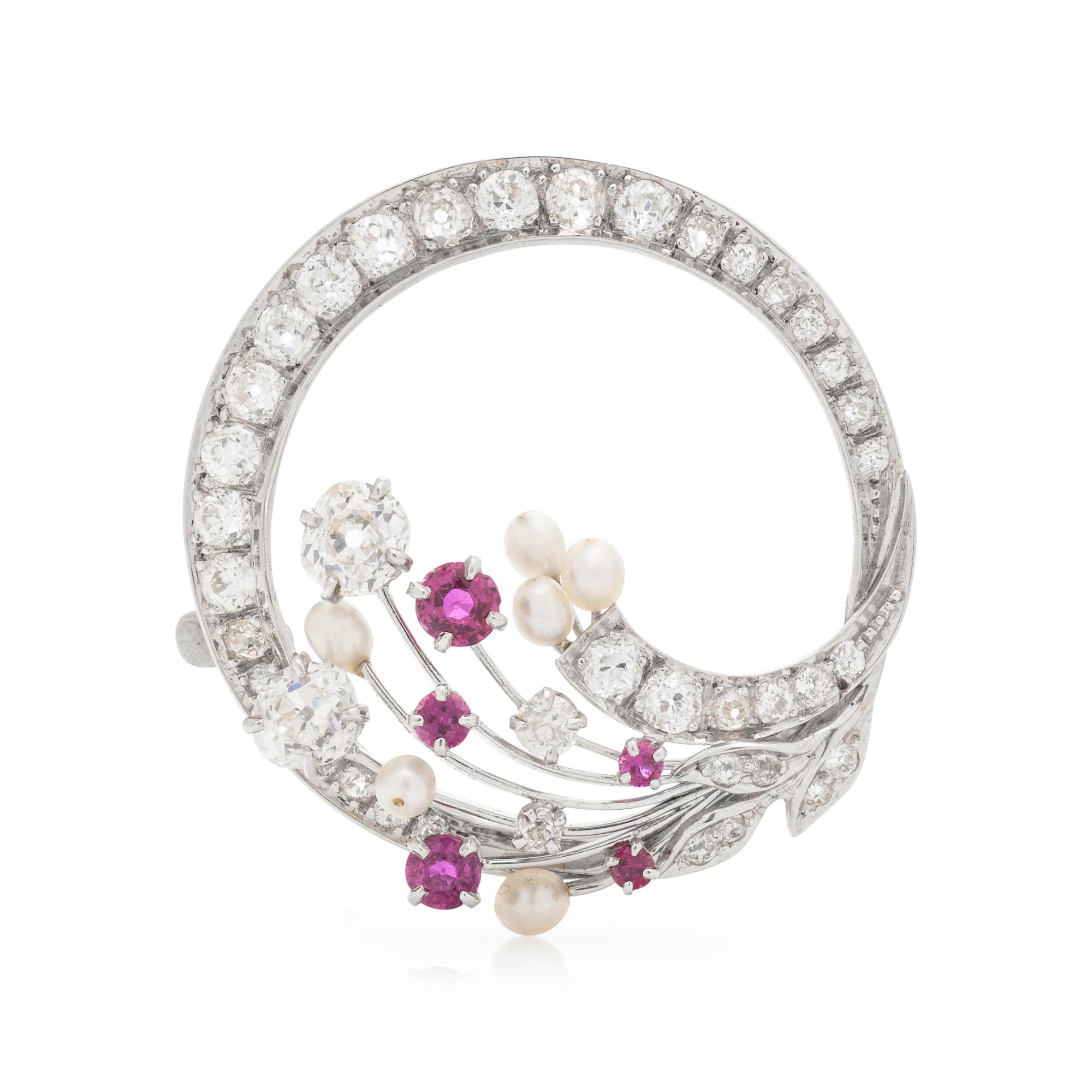 DIAMOND, RUBY AND CULTURED PEARL WREATH BROOCH
