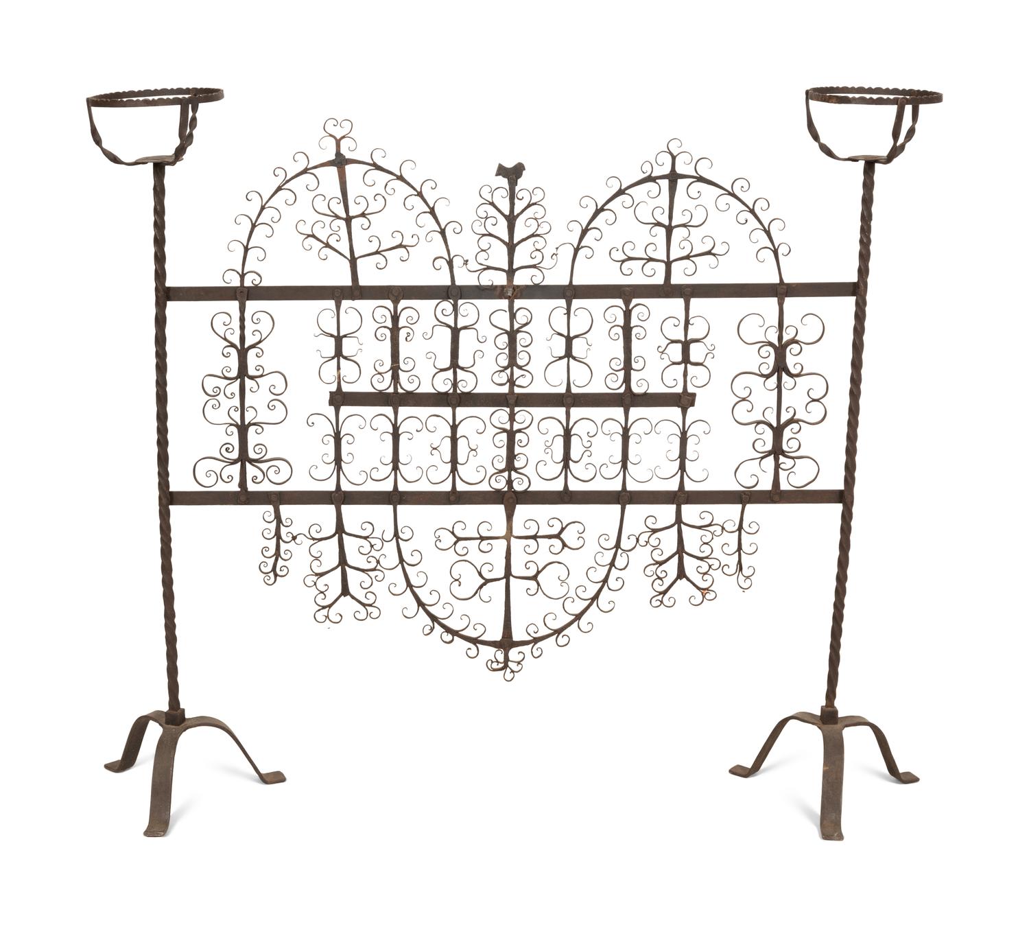 A Mizner Wrought Iron Fire Screen with Candleholders