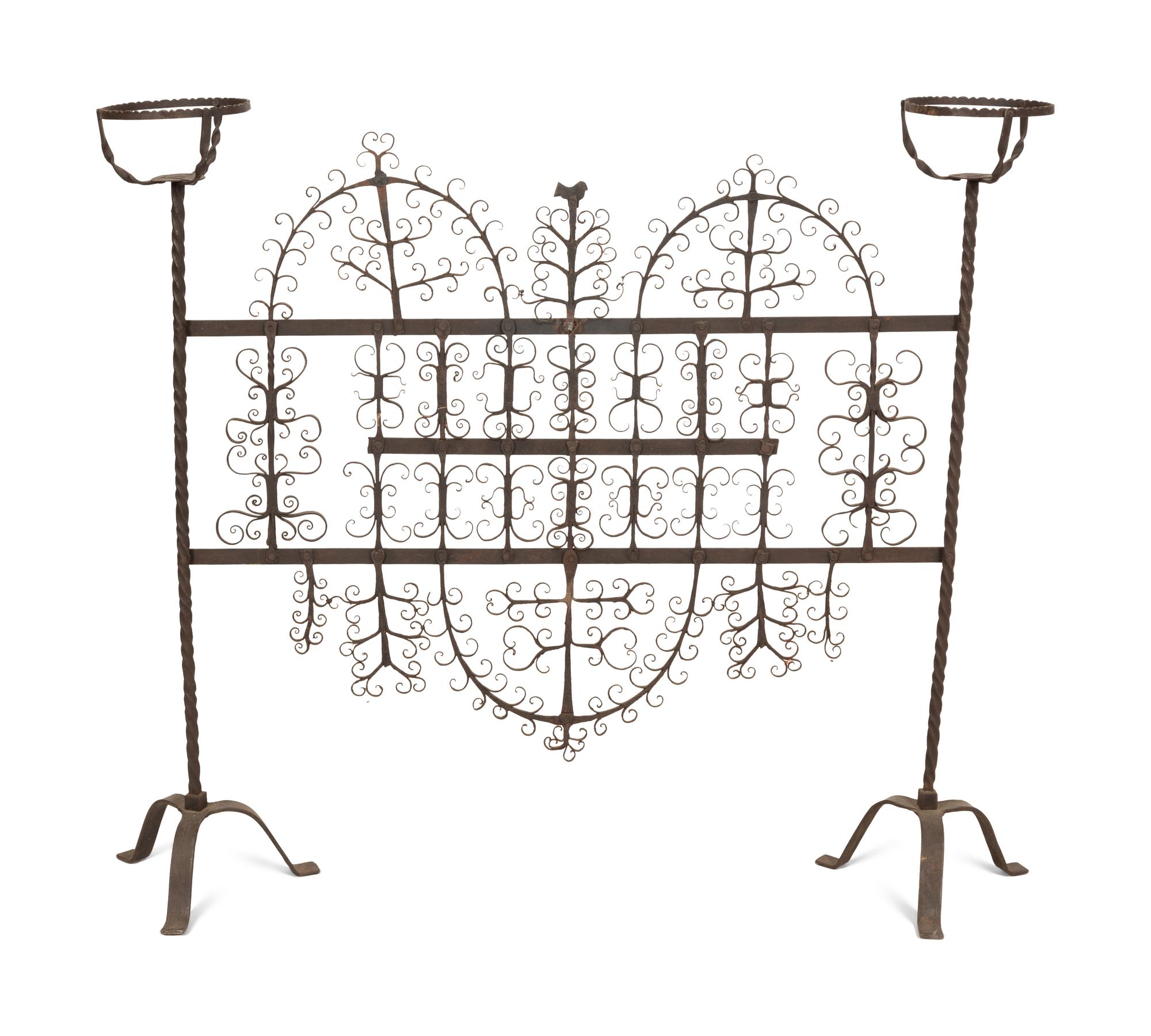 A Mizner Wrought Iron Fire Screen with Candleholders
