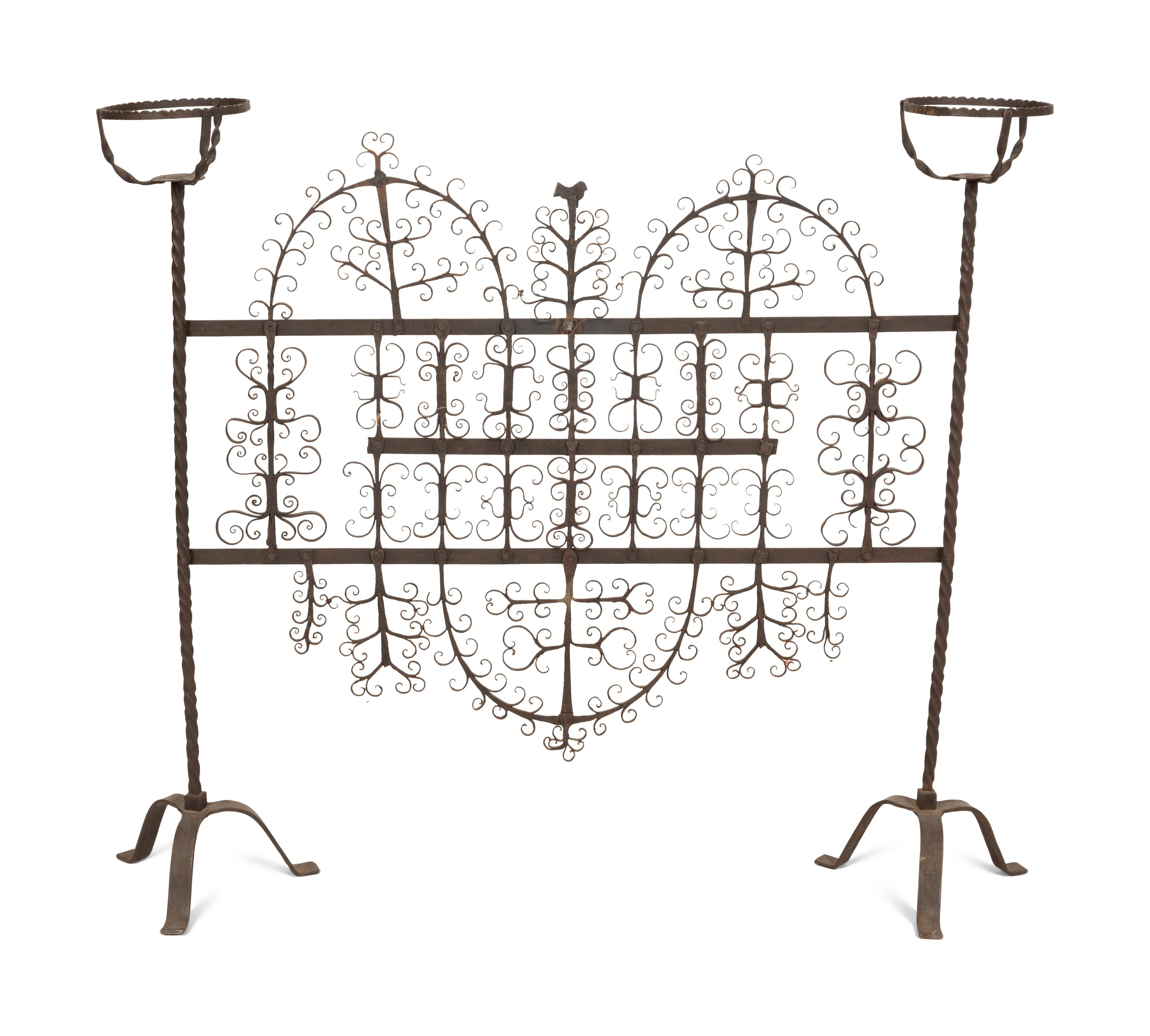 A Mizner Wrought Iron Fire Screen with Candleholders