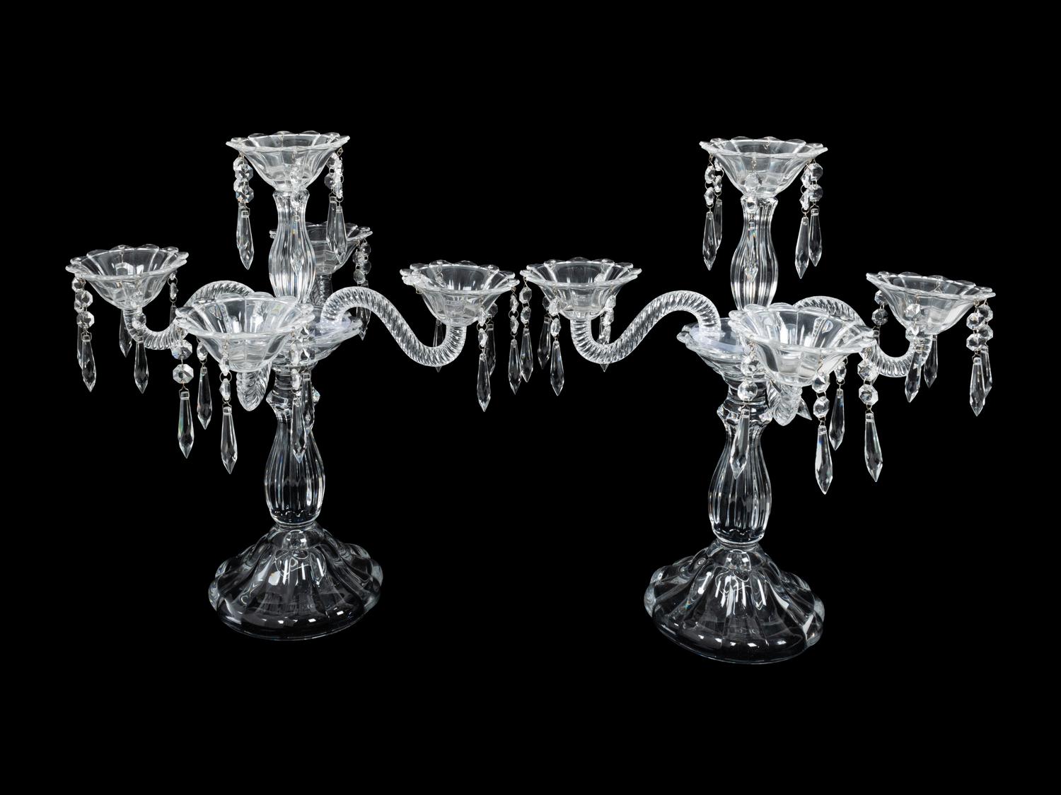 A Pair of French Molded Glass Five-Light Candelabra