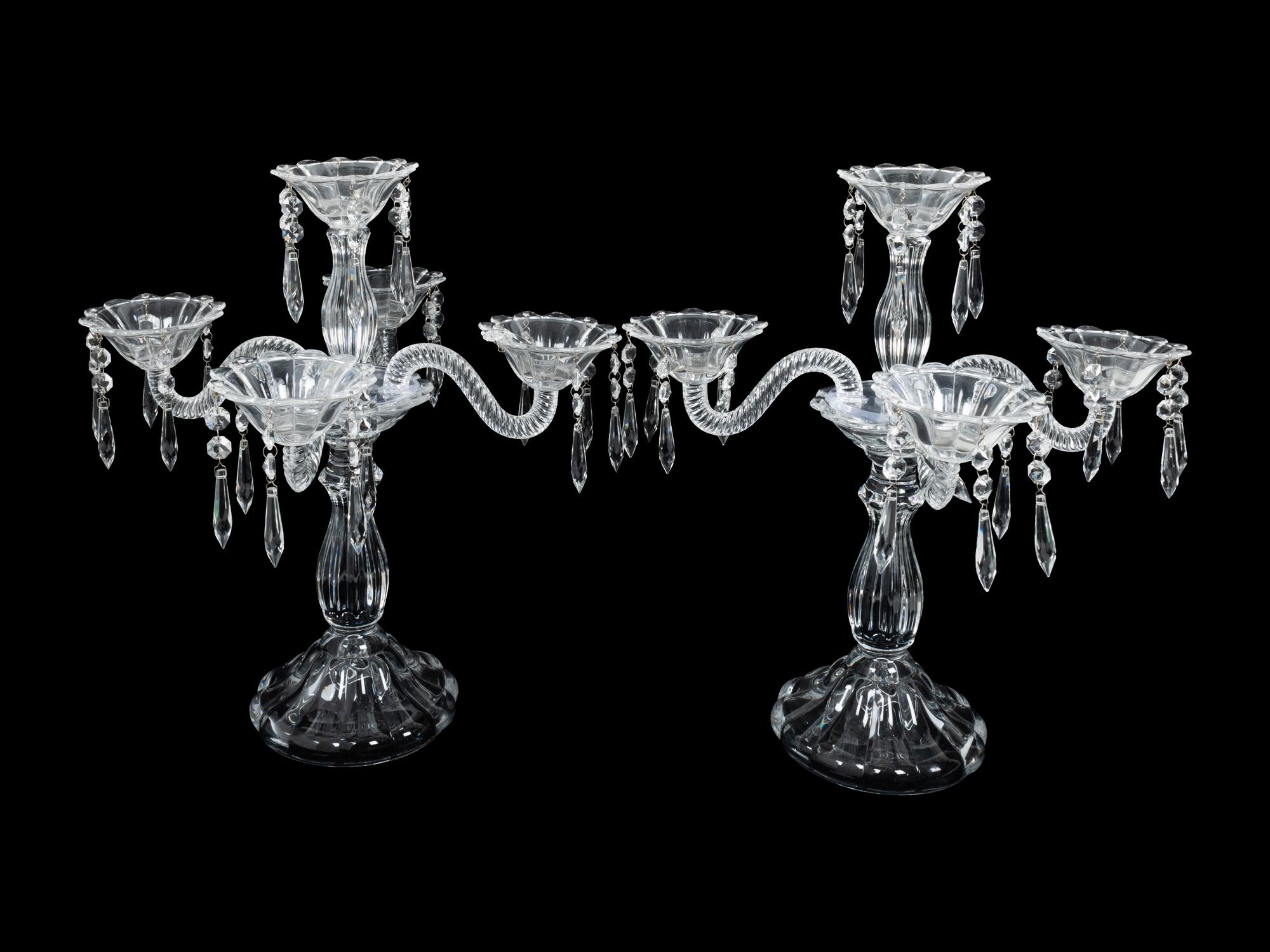 A Pair of French Molded Glass Five-Light Candelabra