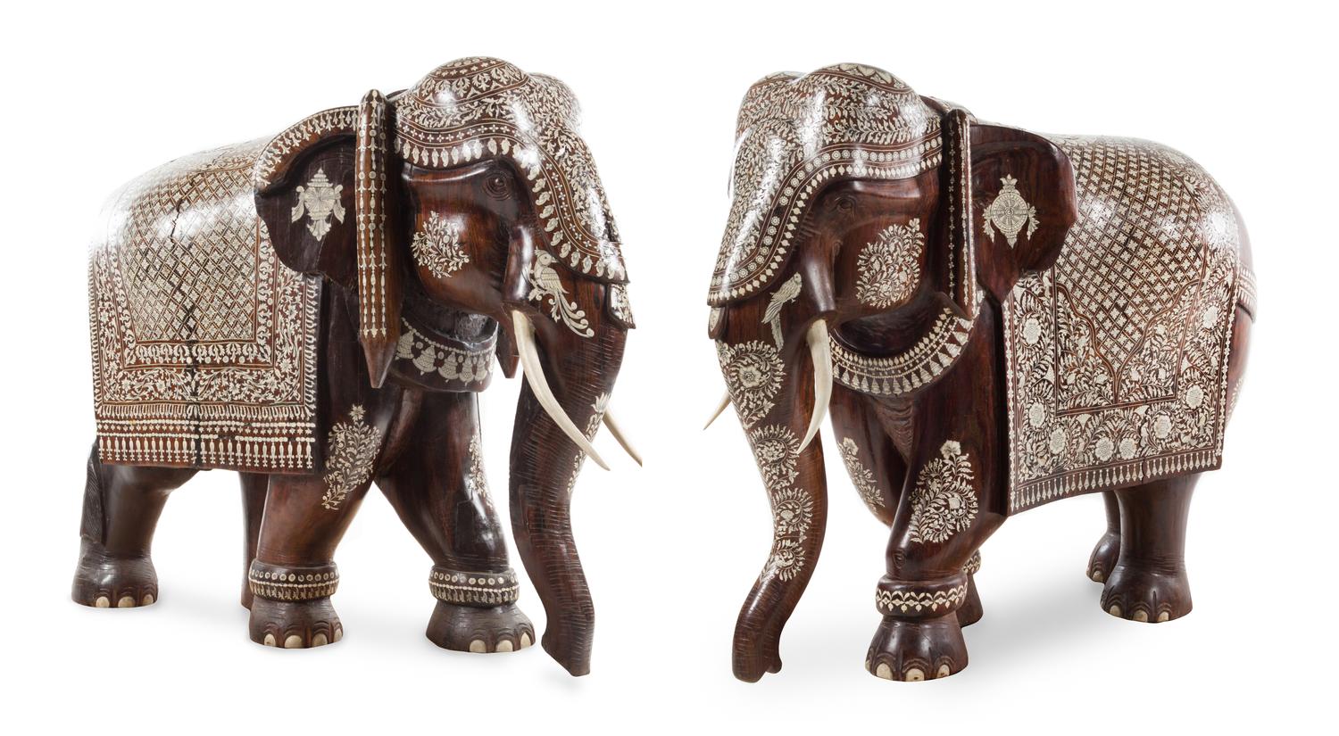 A Pair of Indian Bone Inlaid Elephants Height 36 inches. — LATE 19TH/EARLY 20TH CENTURY