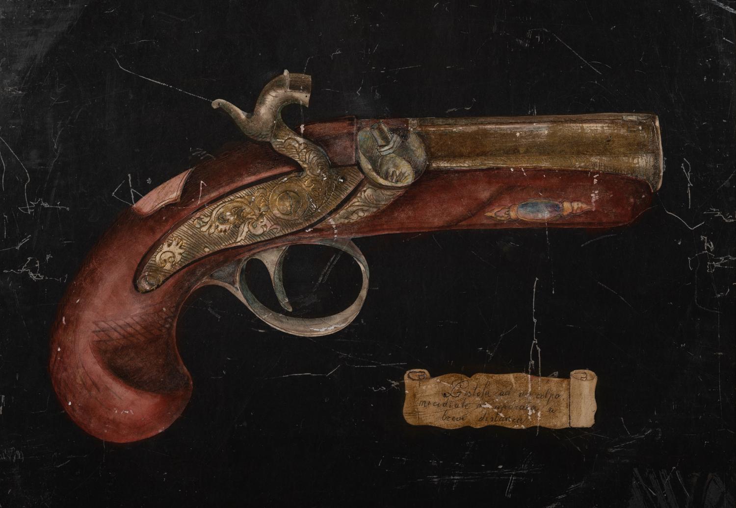A Pair of Sgraffito Paintings of Pistols