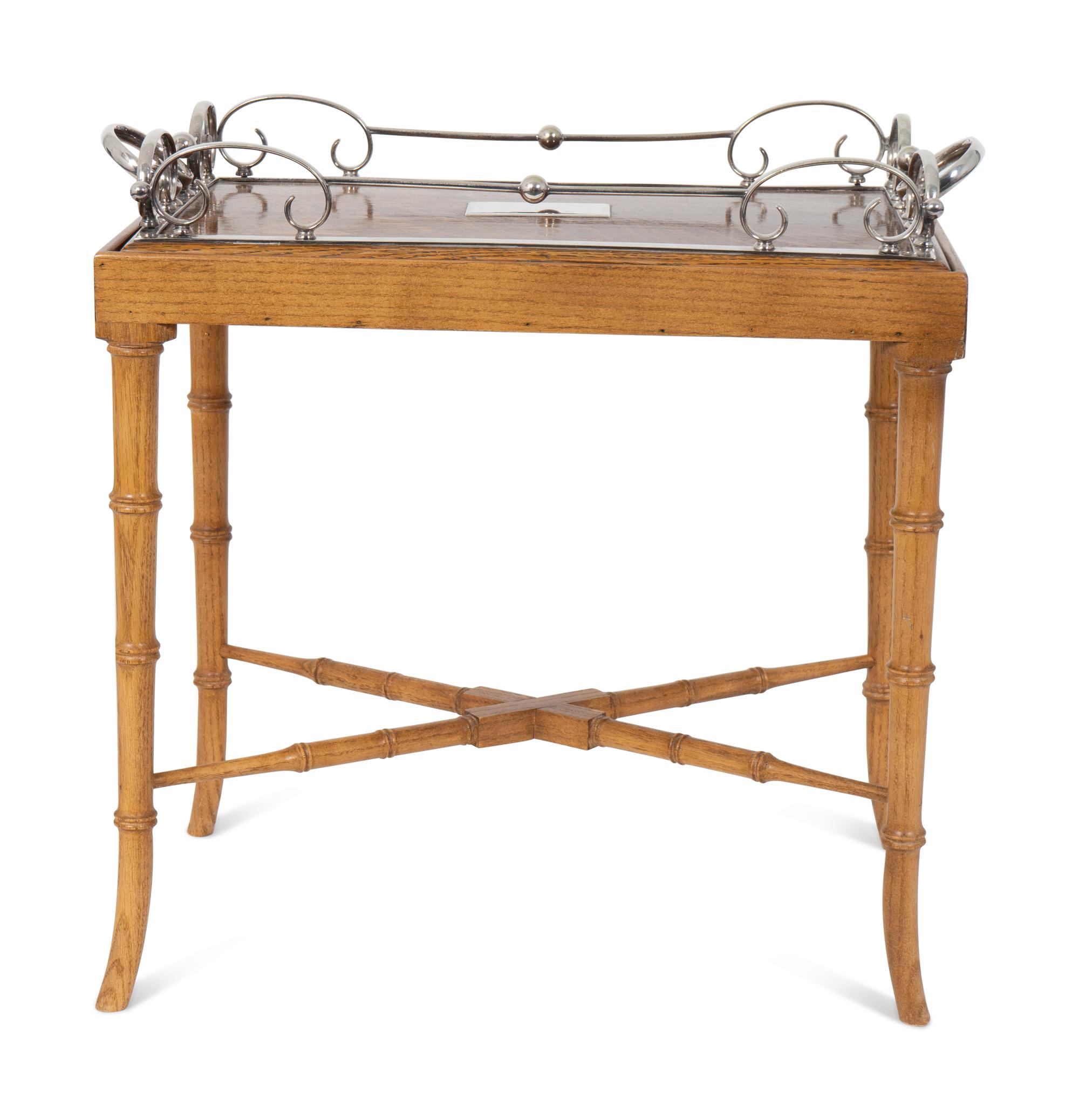 An English Silverplate Mounted Mahogany Tray on a Faux-Bamboo Stand — 20TH CENTURY
