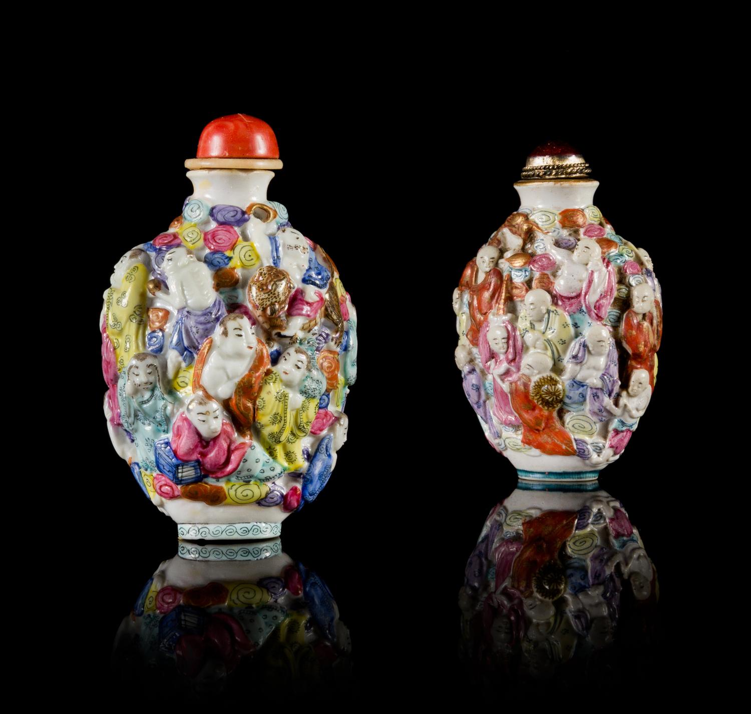 Two Famille Rose Molded Porcelain Snuff Bottles — 19TH CENTURY