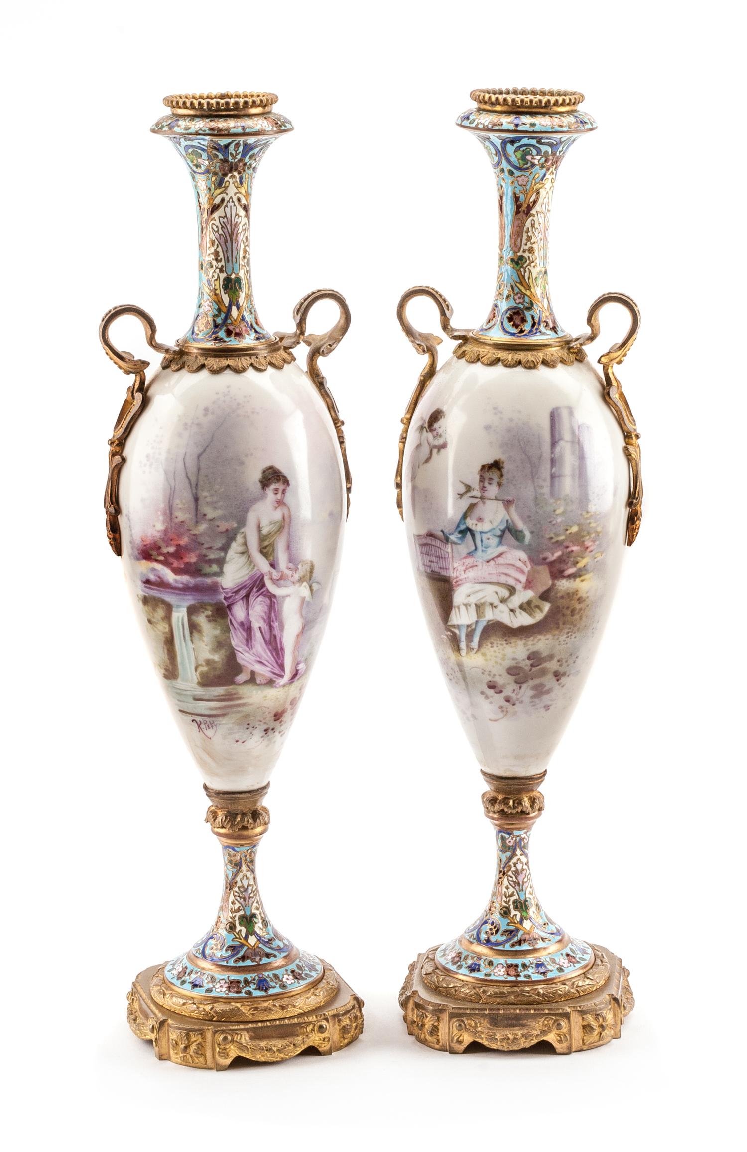 A Pair of French Porcelain and Champleve Urns Height 19 1/2 inches. — 19TH CENTURY