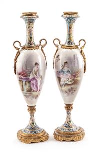A Pair of French Porcelain and Champleve Urns Height 19 1/2 inches. — 19TH CENTURY