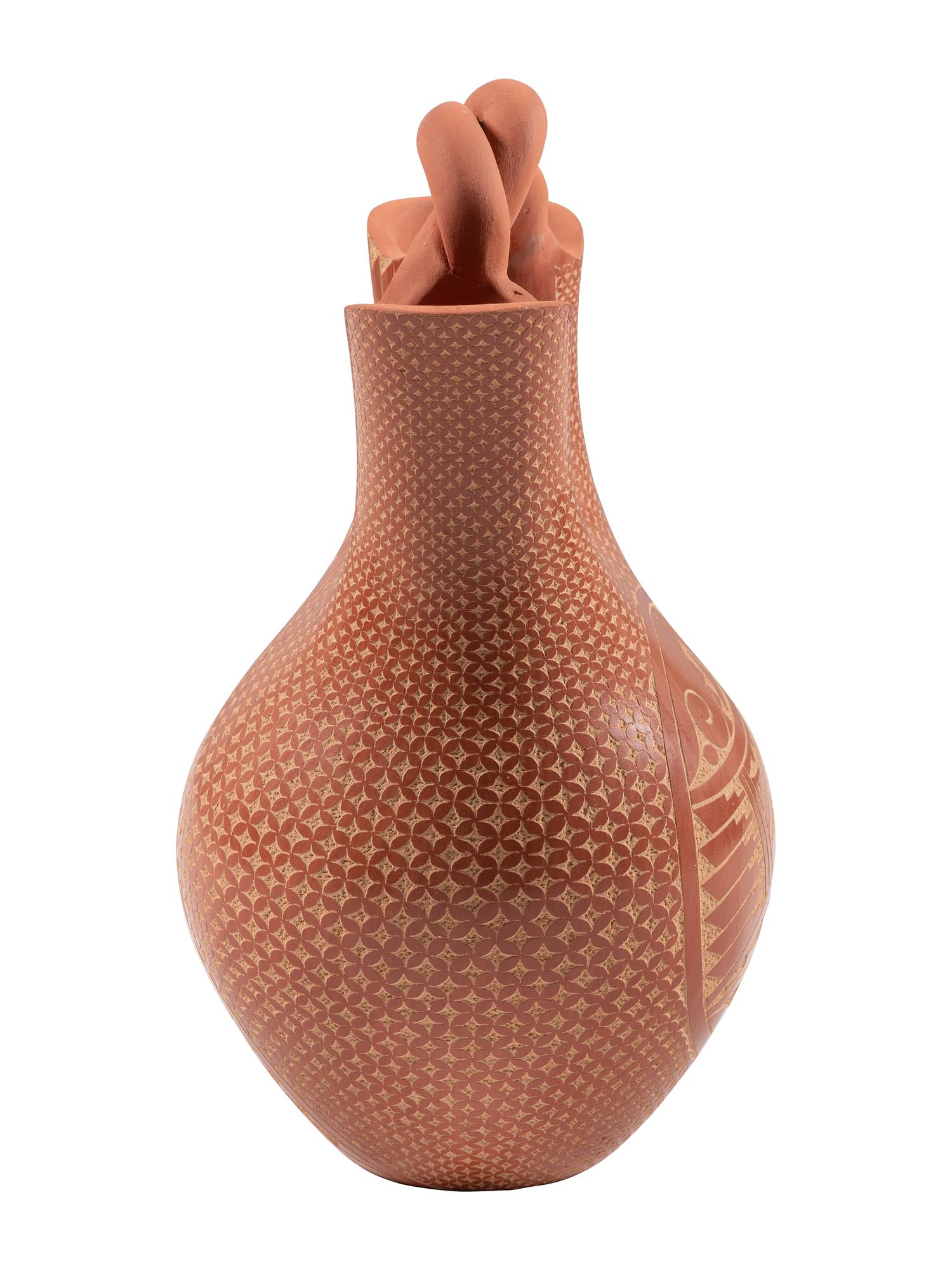 Sgraffito Pottery Wedding Vase, with Twisted Handle