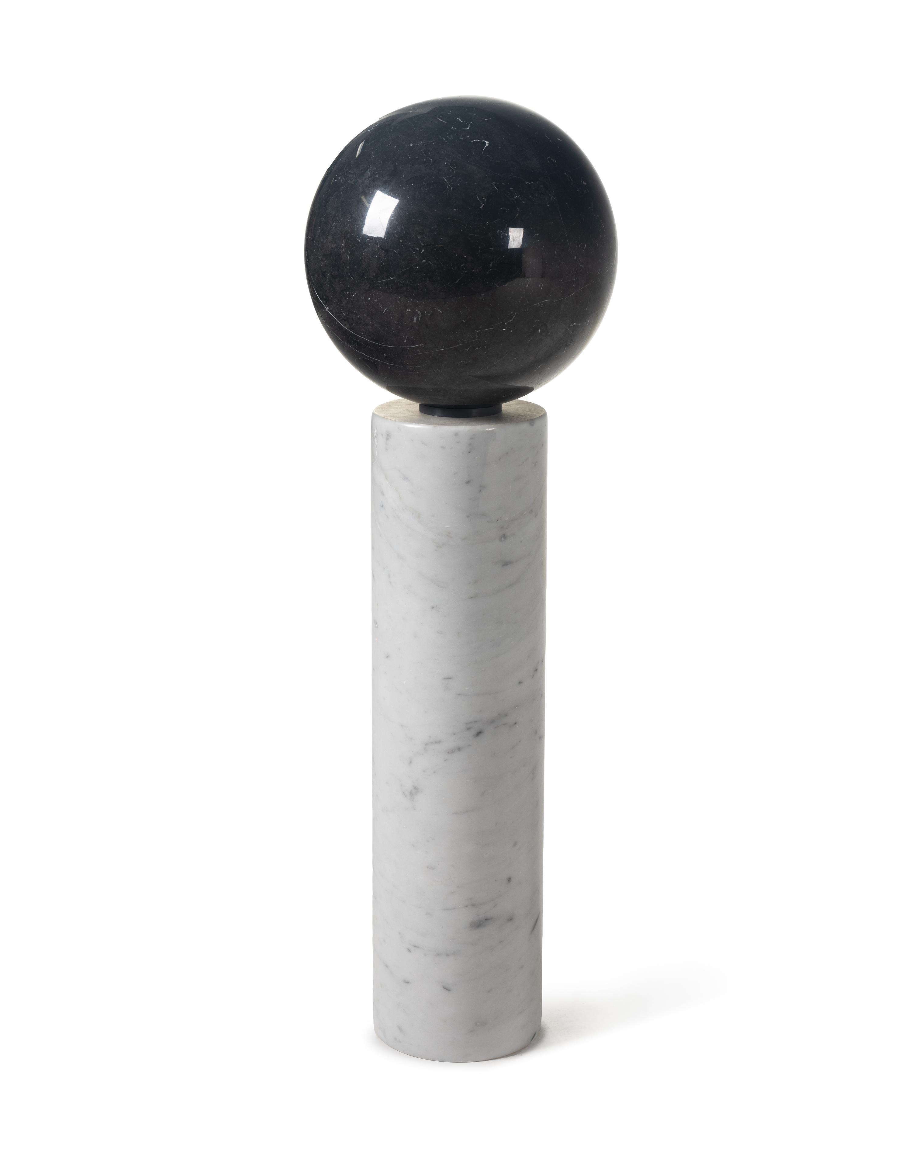 A Contemporary Marble Pedestal and Spherical Ornament