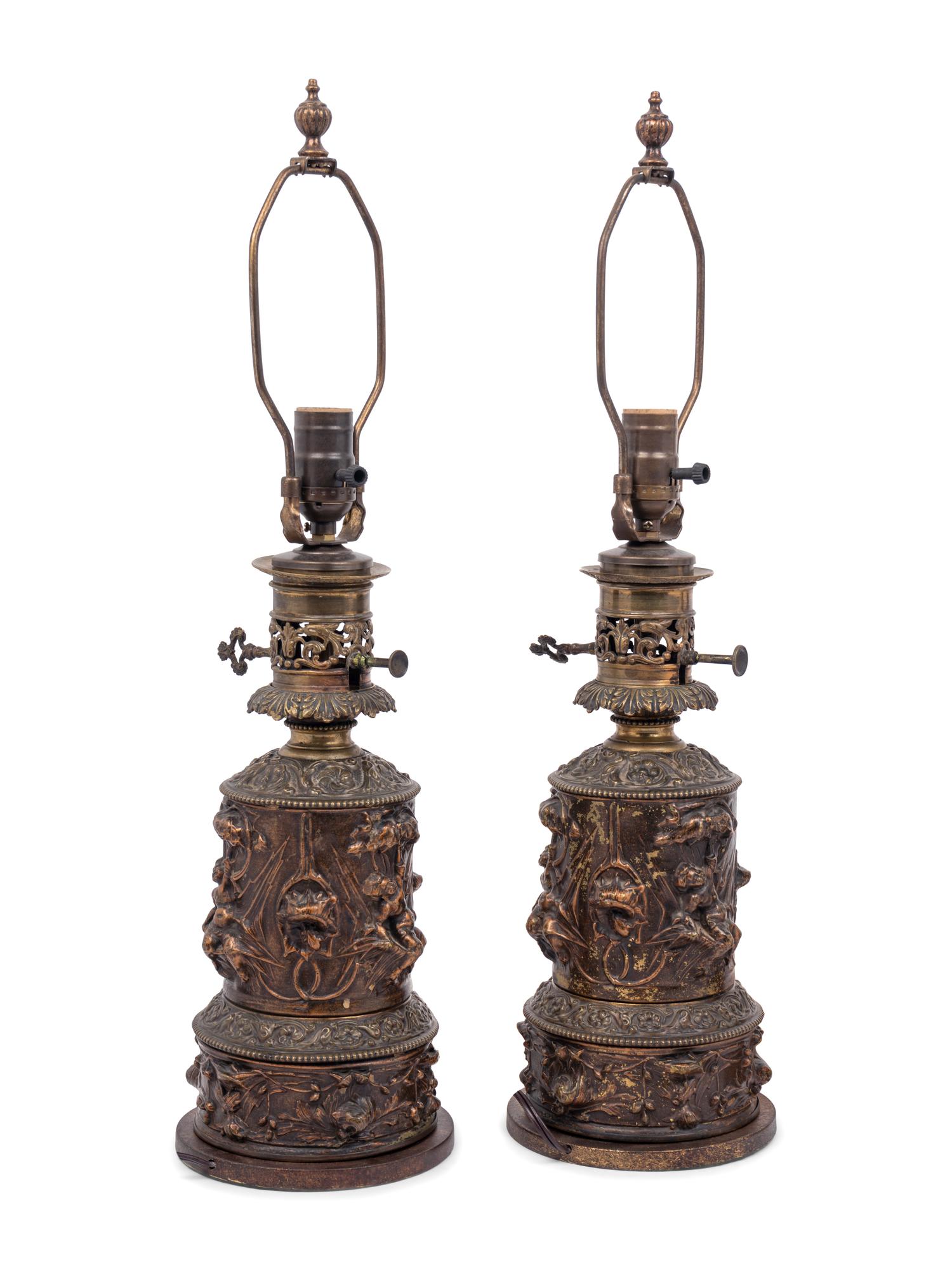 Two Pairs of French Gilt Metal Fluid Lamps Converted to Electricity