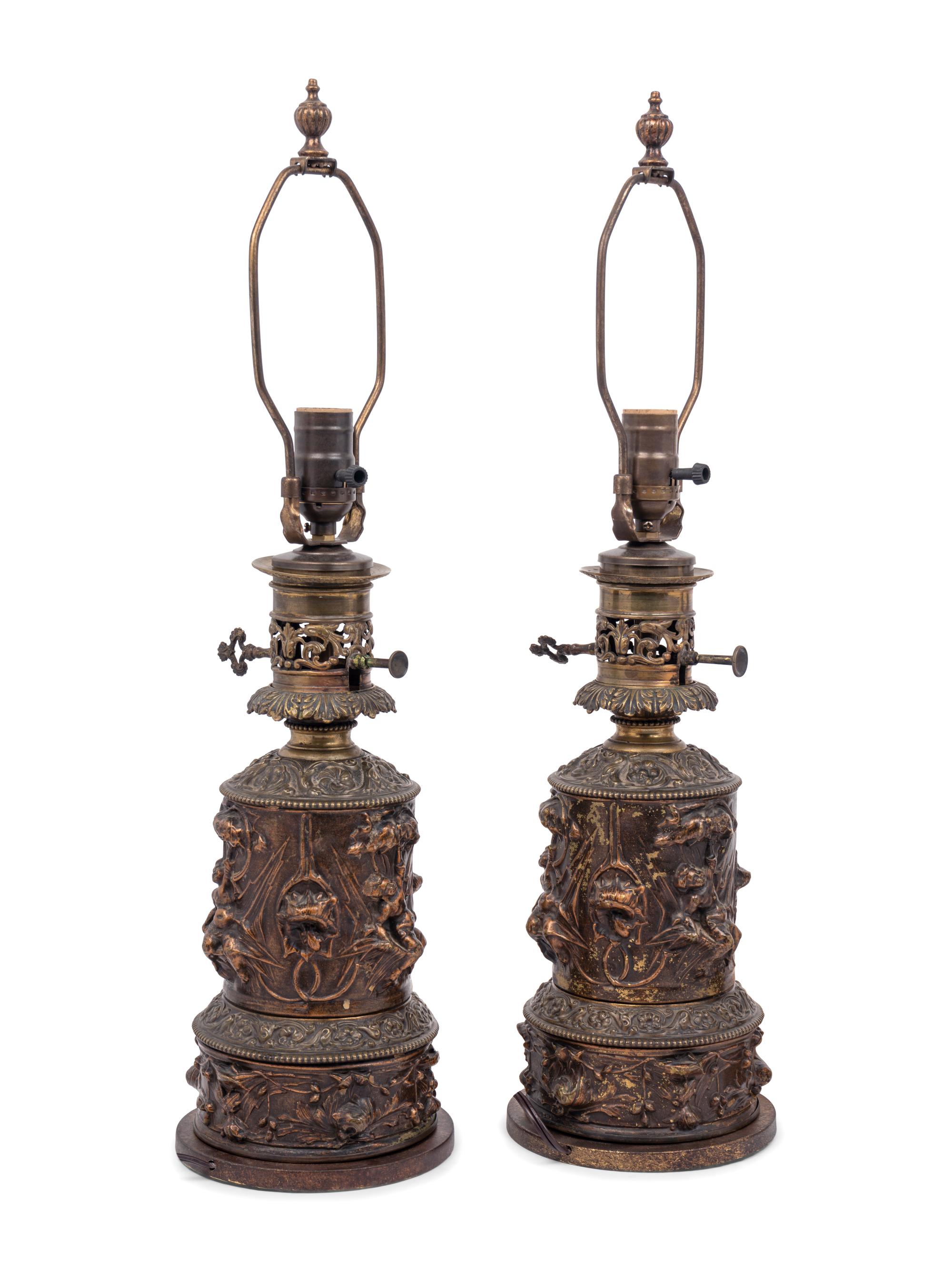 Two Pairs of French Gilt Metal Fluid Lamps Converted to Electricity