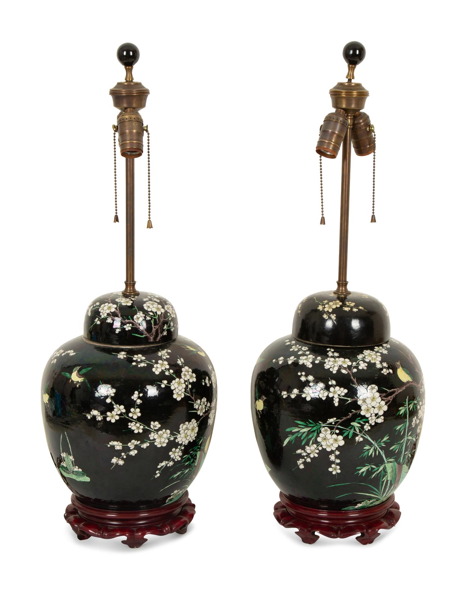 A Pair of Chinese Famille Noir Porcelain Covered Jars Now Mounted as Lamps