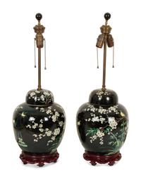 A Pair of Chinese Famille Noir Porcelain Covered Jars Now Mounted as Lamps