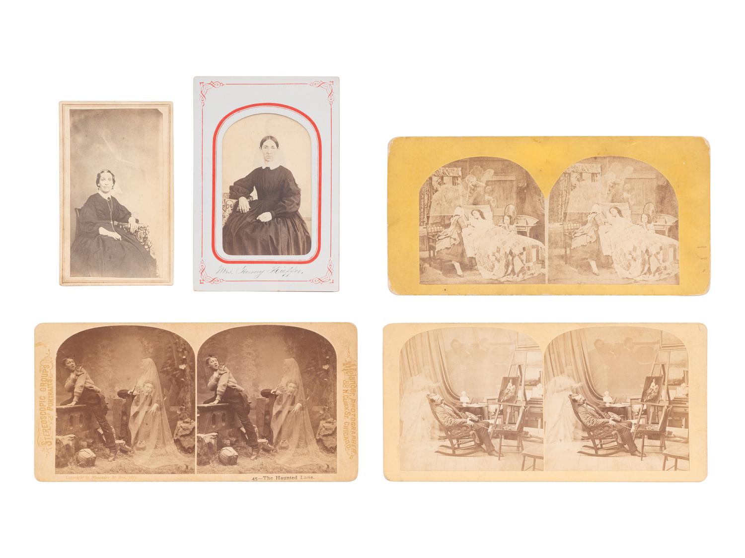 [EARLY PHOTOGRAPHY]. A group of "spirit" CDVs and stereoviews, depicting "ghostly" apparitions.