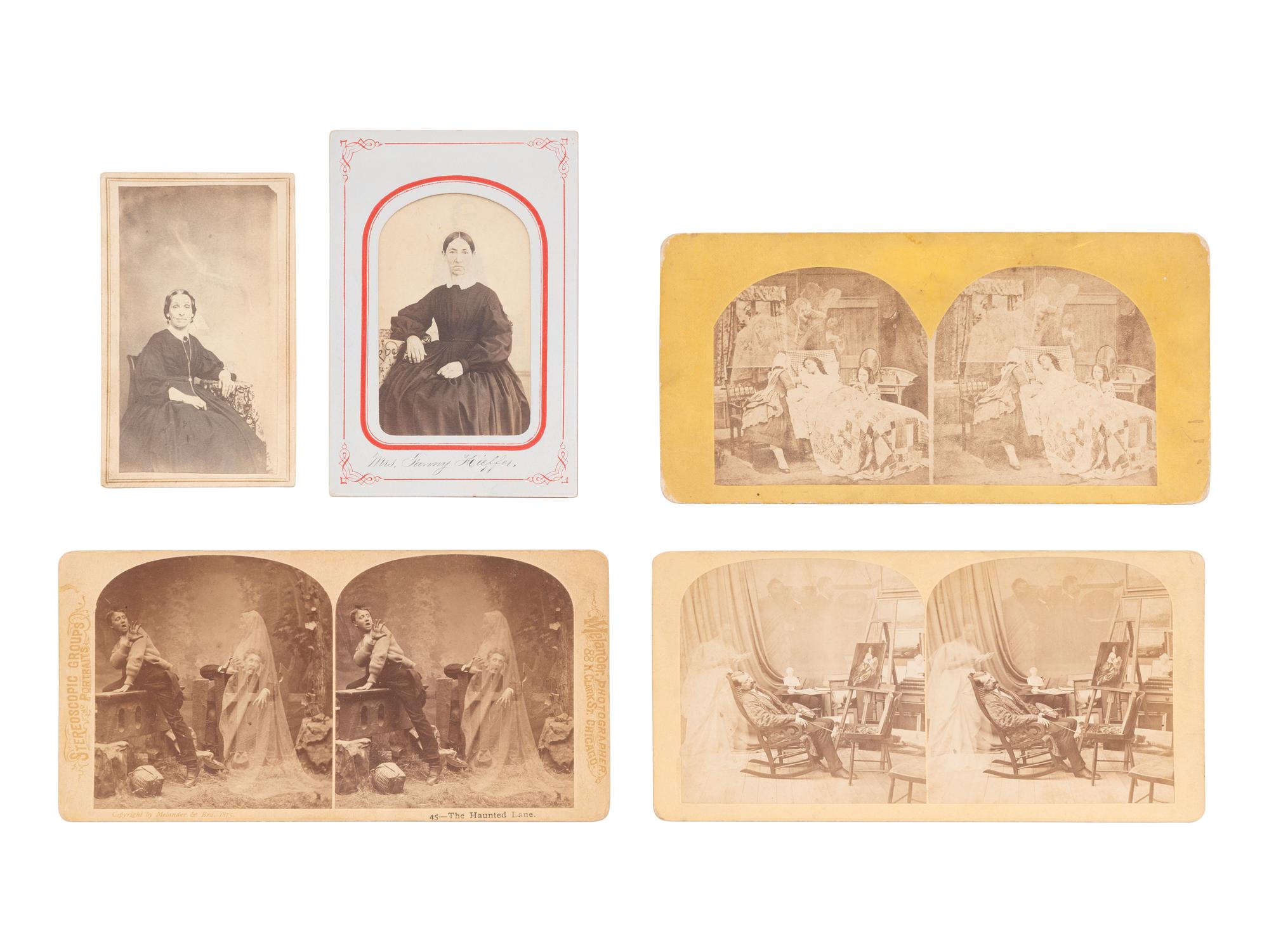 [EARLY PHOTOGRAPHY]. A group of "spirit" CDVs and stereoviews, depicting "ghostly" apparitions.