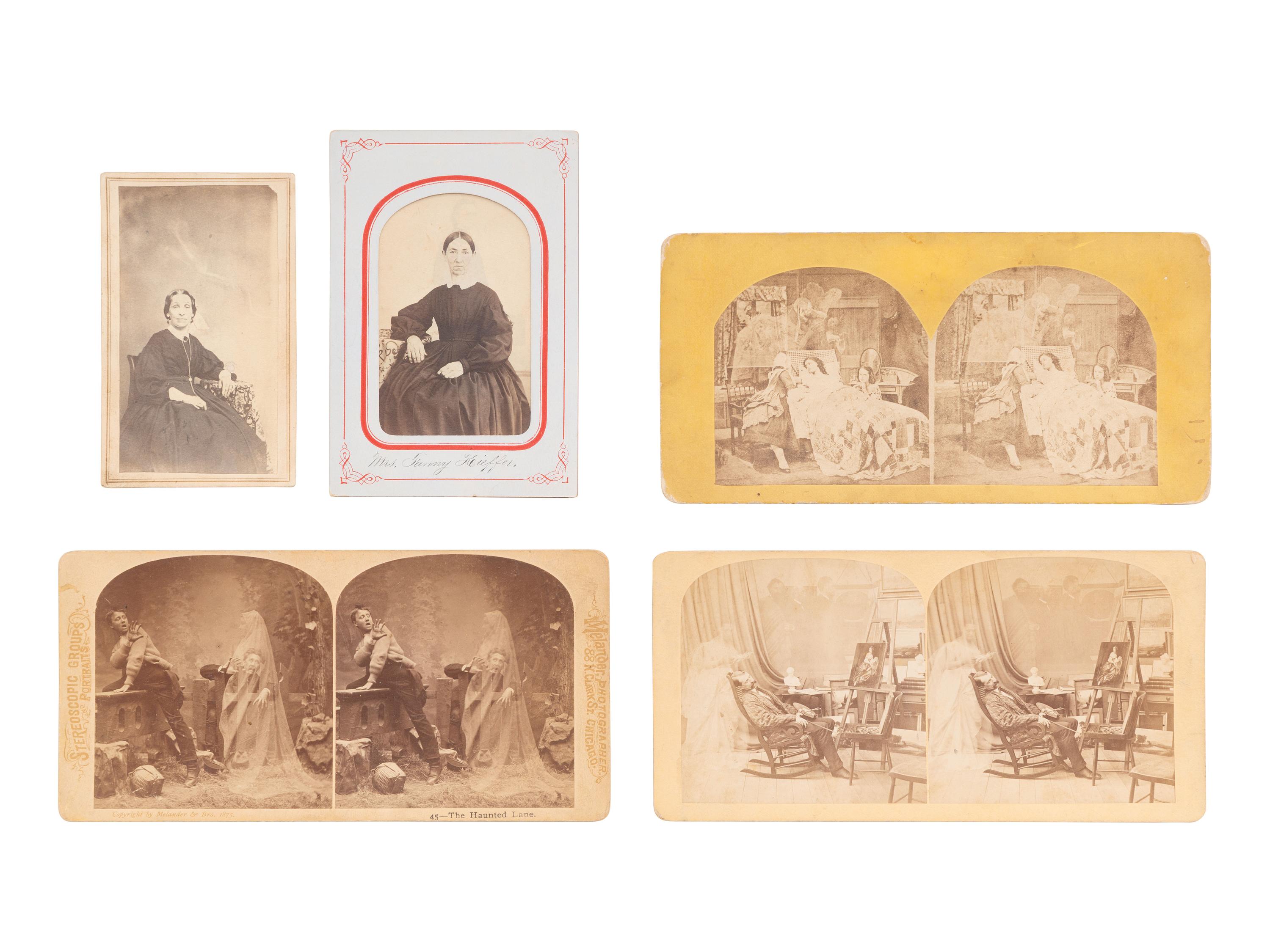 [EARLY PHOTOGRAPHY]. A group of "spirit" CDVs and stereoviews, depicting "ghostly" apparitions.