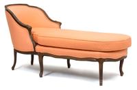 A Louis XV Style Carved Walnut and Upholstered Chaise Lounge Height 34 1/4 x length 69 inches. — 19TH CENTURY