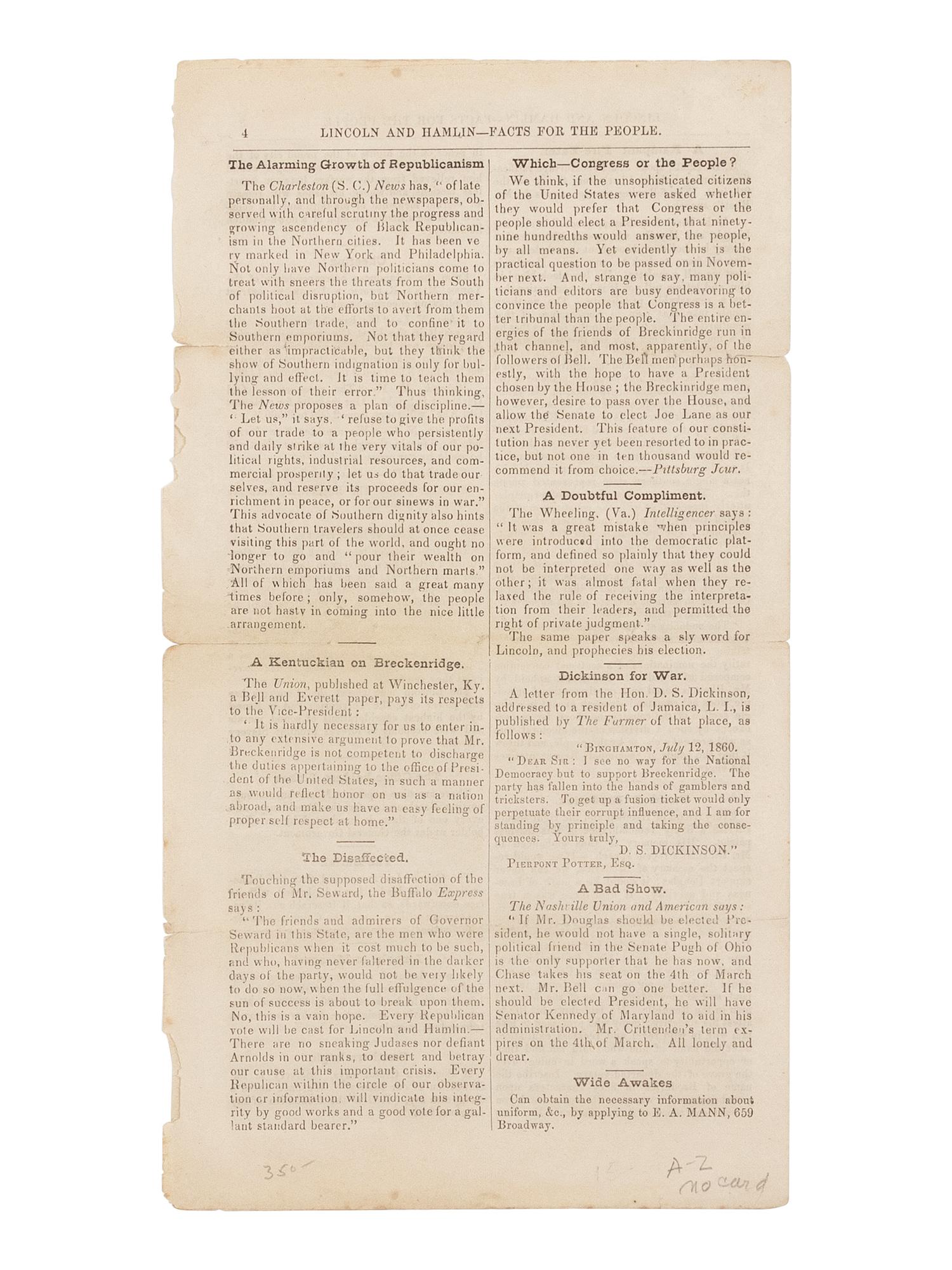 [LINCOLN-HAMLIN CAMPAIGN]. Lincoln and Liberty!! Tract, No. 7. New York: Young Men's Republican Union, 31 July 1860.