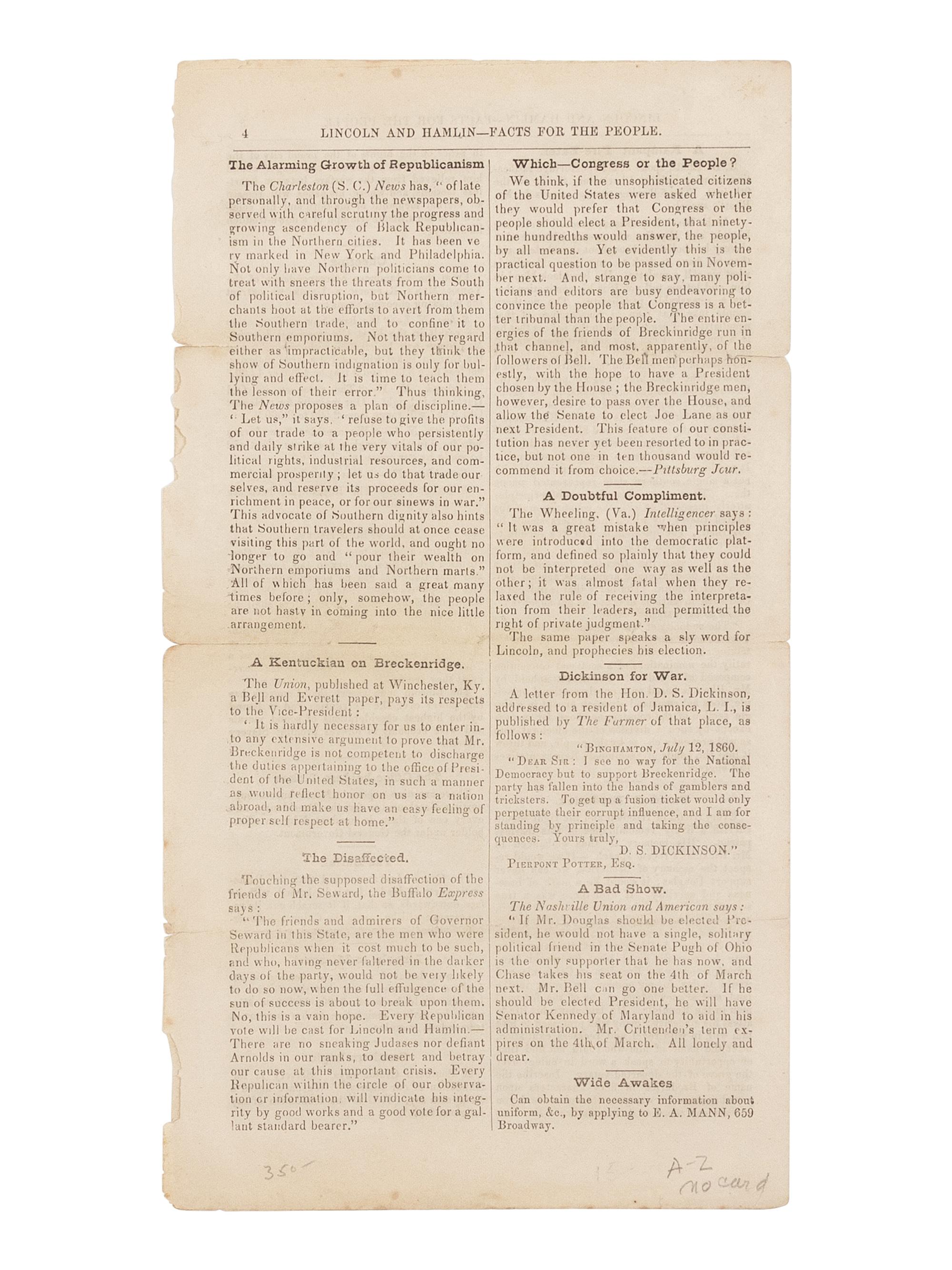[LINCOLN-HAMLIN CAMPAIGN]. Lincoln and Liberty!! Tract, No. 7. New York: Young Men's Republican Union, 31 July 1860.