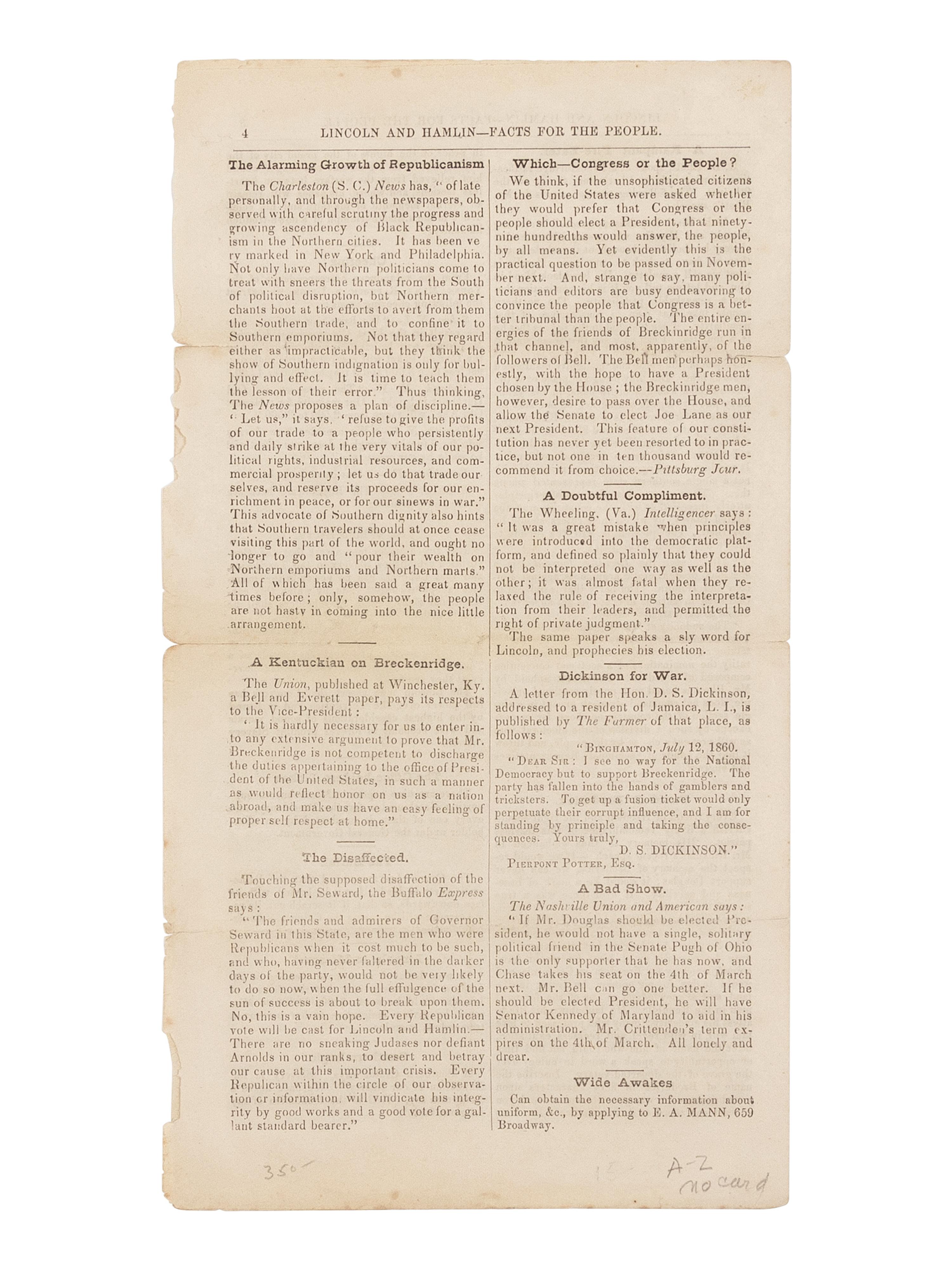 [LINCOLN-HAMLIN CAMPAIGN]. Lincoln and Liberty!! Tract, No. 7. New York: Young Men's Republican Union, 31 July 1860.