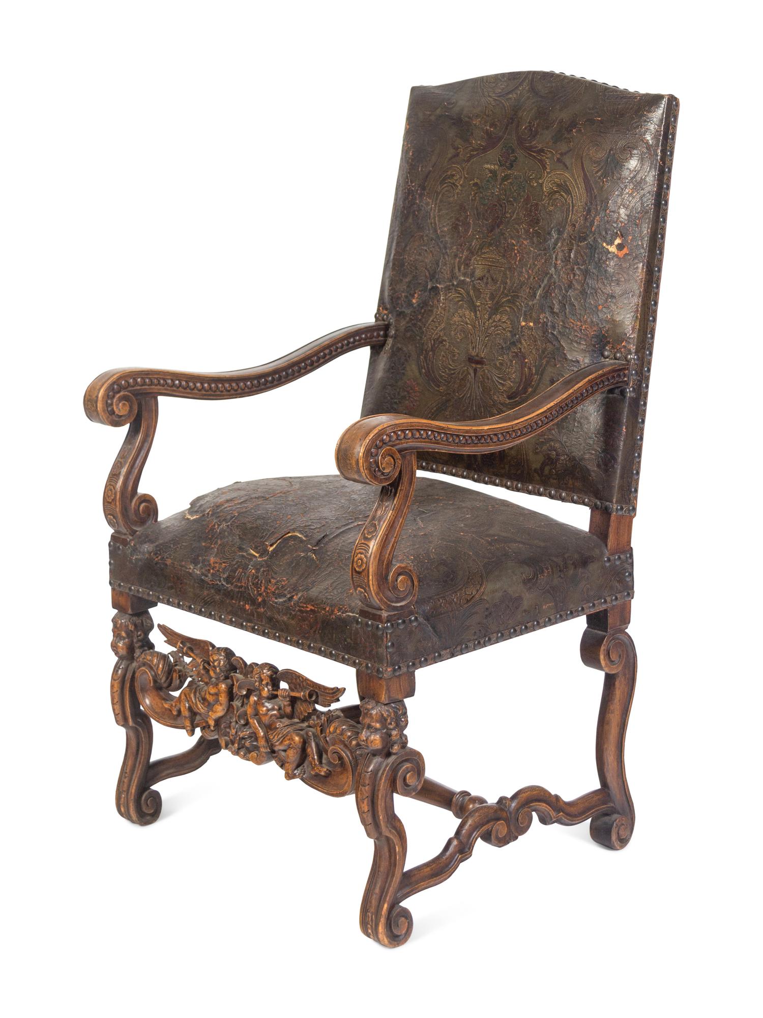An Italian Baroque Tooled Leather-Upholstered Armchair