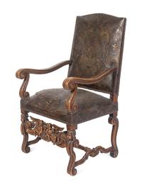 An Italian Baroque Tooled Leather-Upholstered Armchair